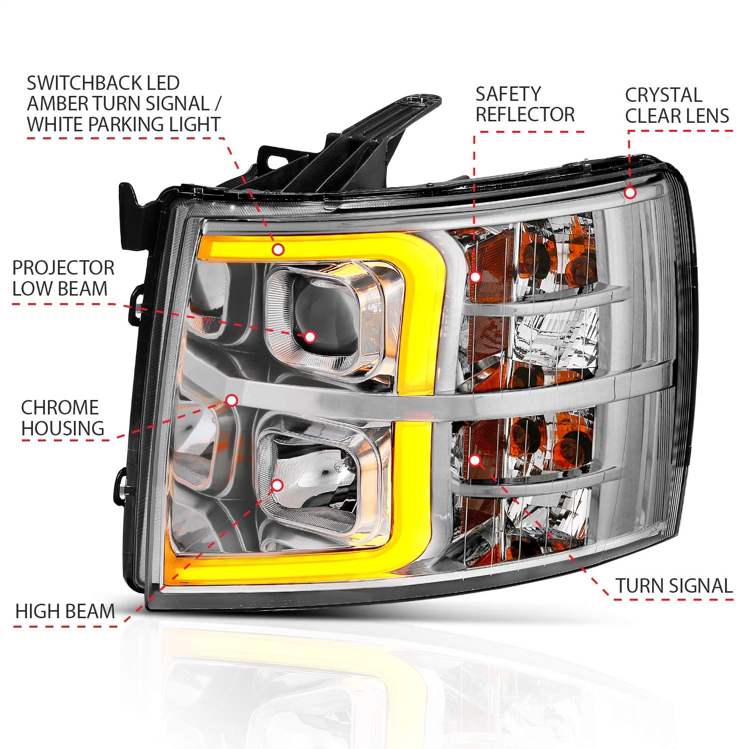 ANZO (111411) USA 07-13 Chevrolet Silverado 1500/2500/3500 Proj Headlights w/Plank Style Switchback Chrome w/Amb