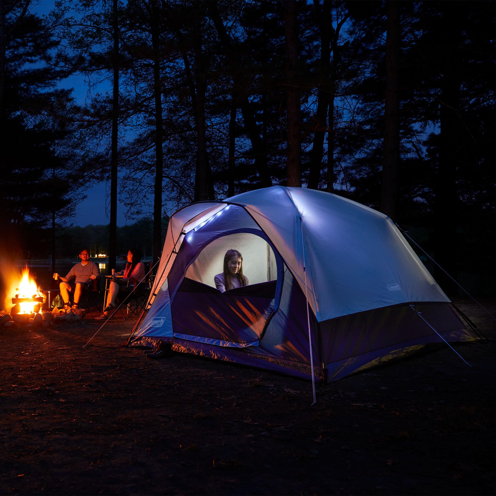 Coleman Camping Tent Skydome with LED Lights, Weatherproof 4/8 Person Family Tent Includes Pre-Attached Poles, Rainfly, Carry Bag, Ventilation and LED Lighting System, Sets Up in 5 Minutes