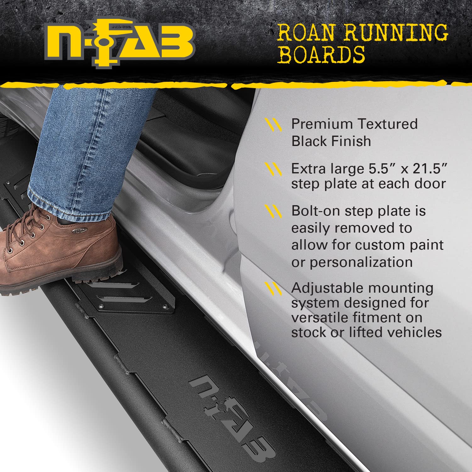 Roan Running Boards RealTruck for Toyota Tundra | Cab Length, Extra Large 5.5" Step Plate, Textured Black | NBT07CC-TX | Fits 2007-2021 Toyota Tundra CrewMax, SRW/DRW Gas/Diesel