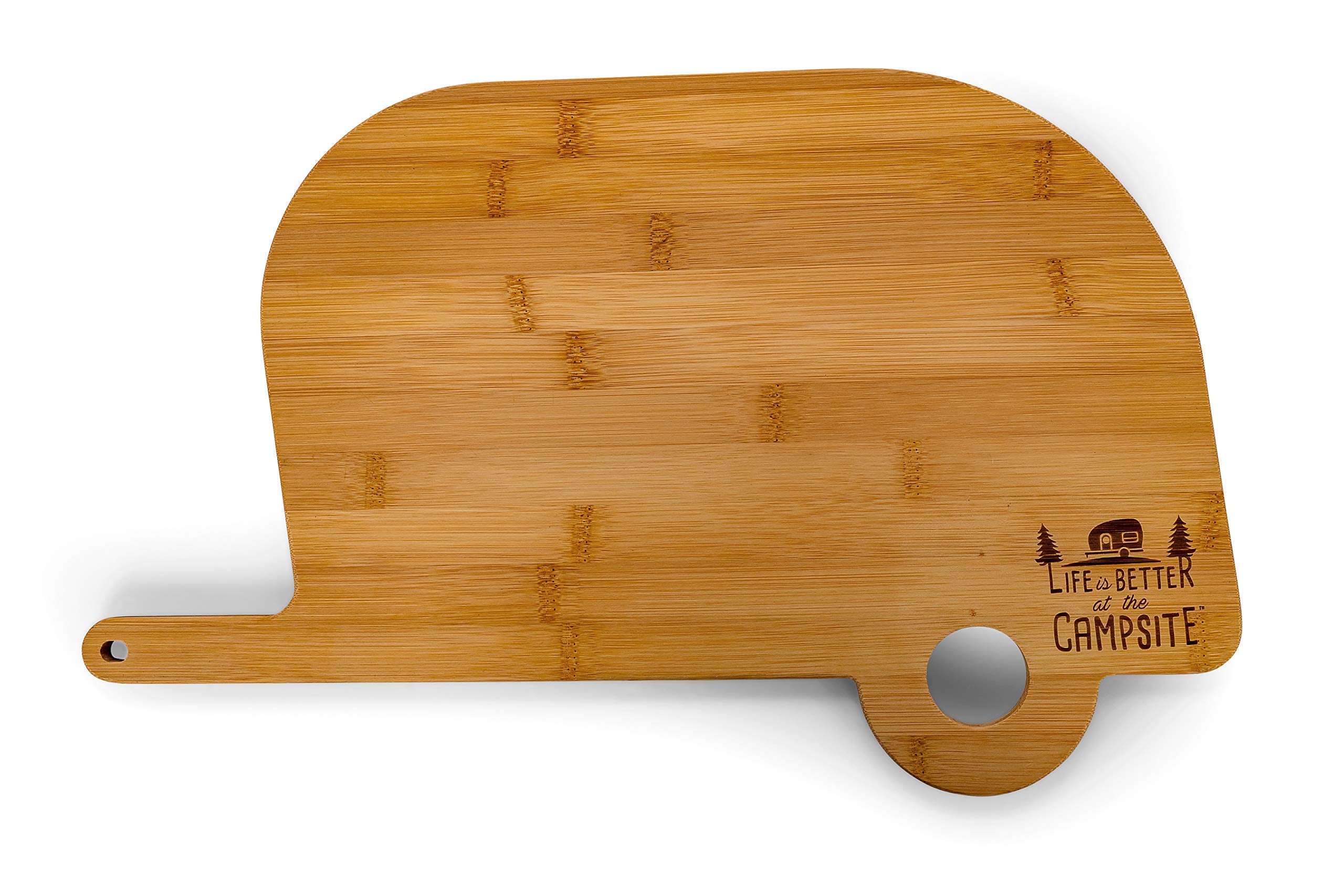 Camco RV Shaped Life is Better at The Campsite Bamboo Wood Cutting Board for Food Prep-Doesn't Dull Knives, Resists Moisture (53089)