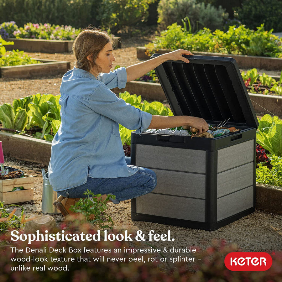 Keter 30 Gallon Denali Resin Outdoor Storage Box and Patio Furniture Side Table for Pool and Garden Accessories, Grey & Black