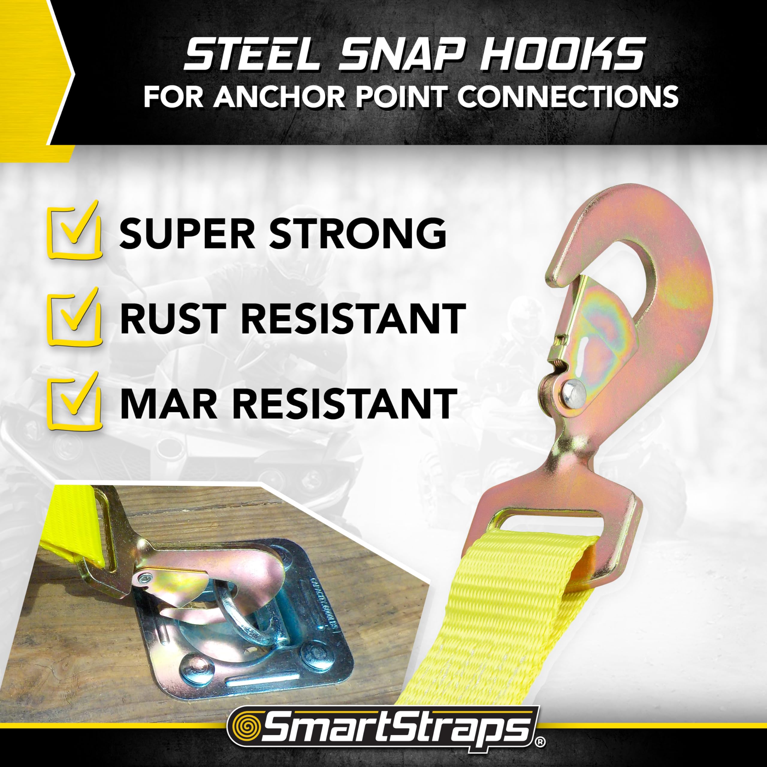 Tire Bonnet Ratchet Straps SmartStraps — Commercial Duty Tire Bonnet Tie Down with Ratchet — 10,000lb Break Strength, 3,333lb Safe Load — Haul Equipment, Tractors and Vehicles, Small, Yellow, 1 Pack