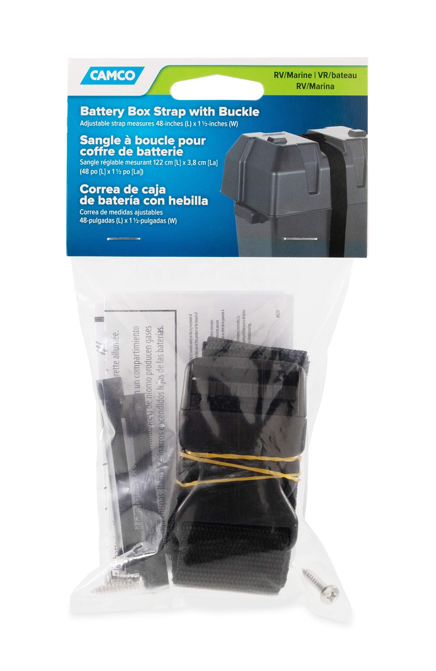 Camco Battery Box Strap with Buckle RV/Marine | Safely Secures Your Battery Box | Compatible with All Battery Boxes (55360), Black