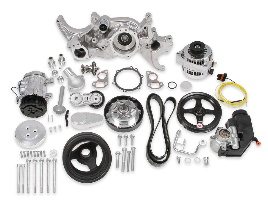 Holley Complete LS Swap Front Accessory Serpentine Drive System | Mid-Mount with Water Pump, Alternator, A/C & Power Steering | Gen III/IV 4.8/5.3/LS1/LS2/LS3/LS6 Polished 20-185P