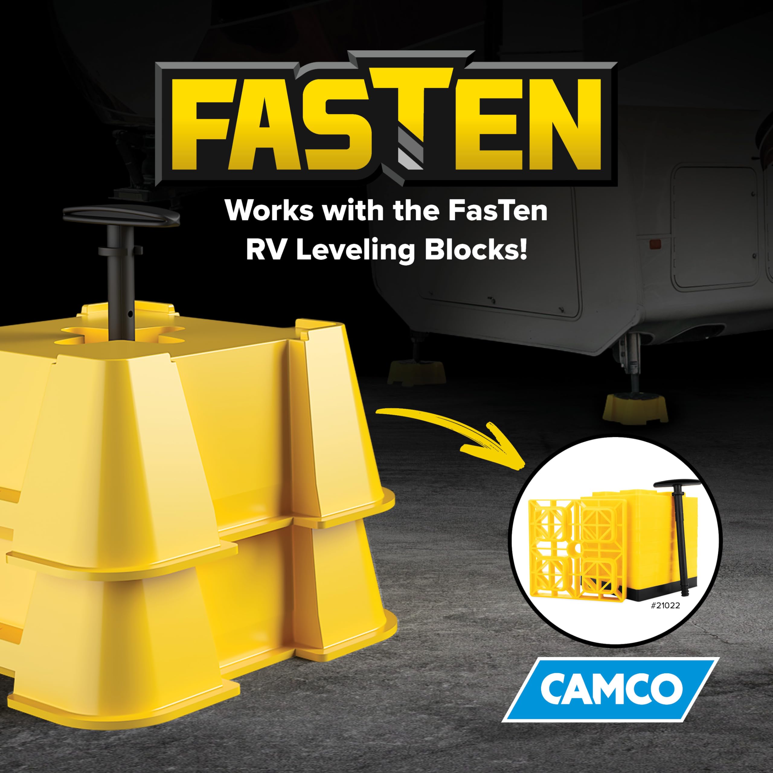 Camco RV Leveling Fasten High-Gain Base - Nesting Design for RV Storage - Convenient Carry Handle - Compatible w/Square RV Leveling Blocks and RV Jacks - Supports Up to 8,000lbs, 2-Pk (44539)