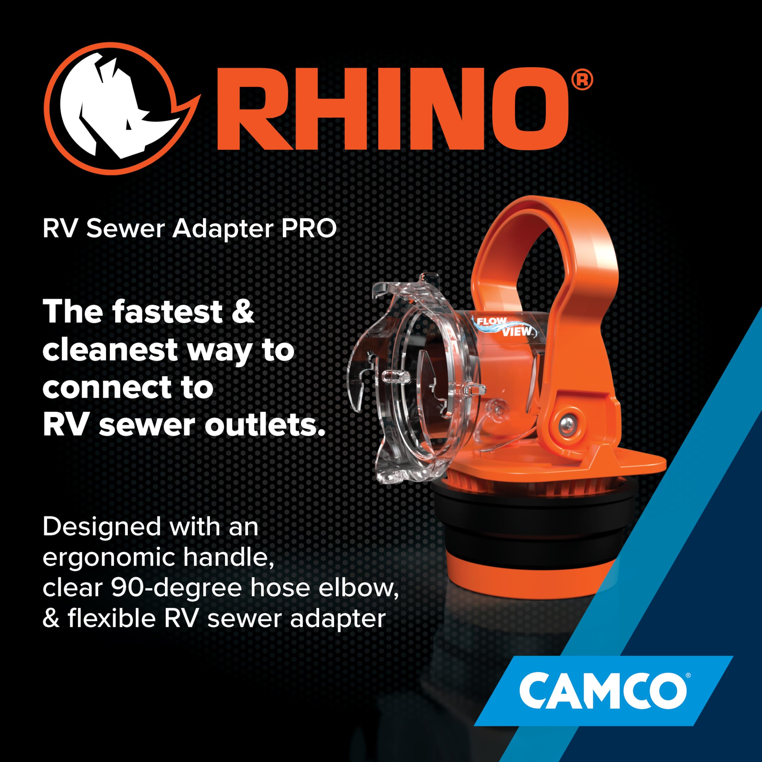 Rhino RV Sewer Adapter PRO Camco - Clear Sewer Hose Elbow with Drain Lock Adapter - Includes Ergonomic Handle & Flexible Adapter (39730)