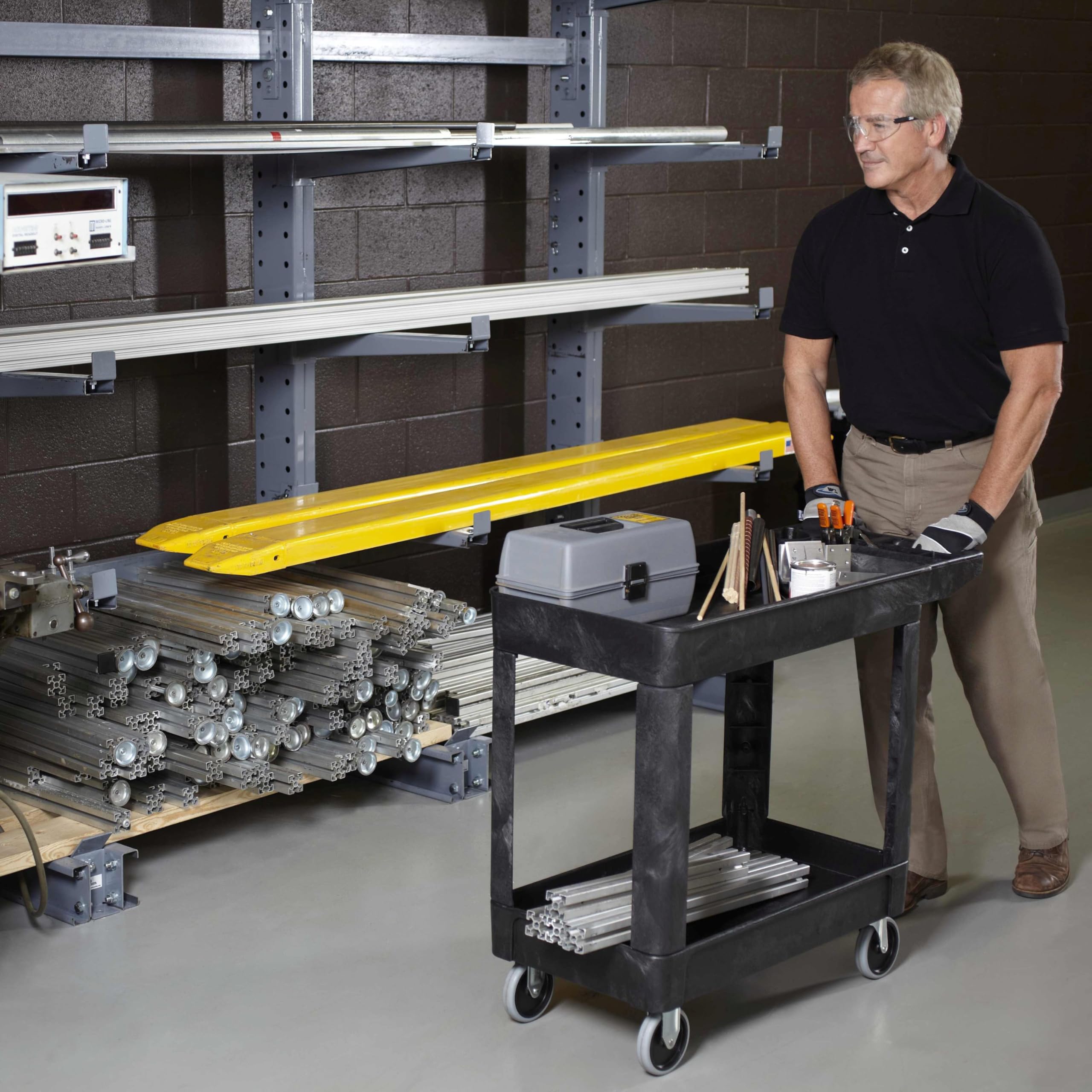 Rubbermaid 2-Shelf Commercial Products Utility/Service Cart, Small, Lipped Shelves, Storage Handle, 500 lbs. Capacity, for Warehouse/Garage/Cleaning/Manufacturing