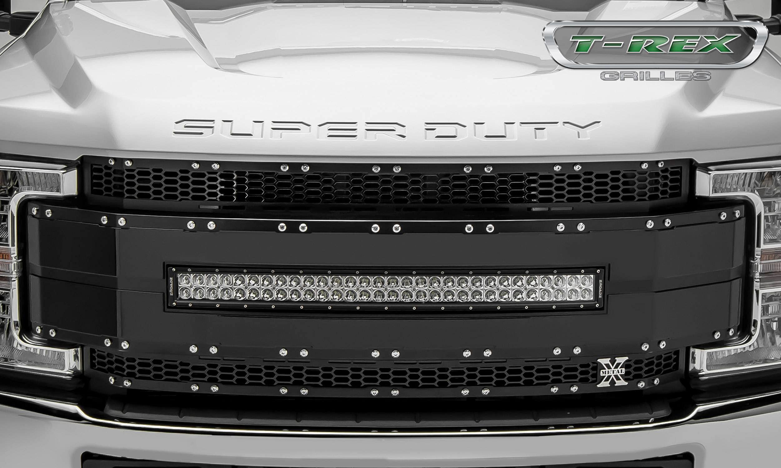 T-Rex Grilles Torch AL Grille, 2017-2019 Super Duty Black Mesh and Trim, 1 Pc, Replacement, Chrome Studs with (1) 30" LED, Does Not Fit Vehicles with Camera - PN #6315481