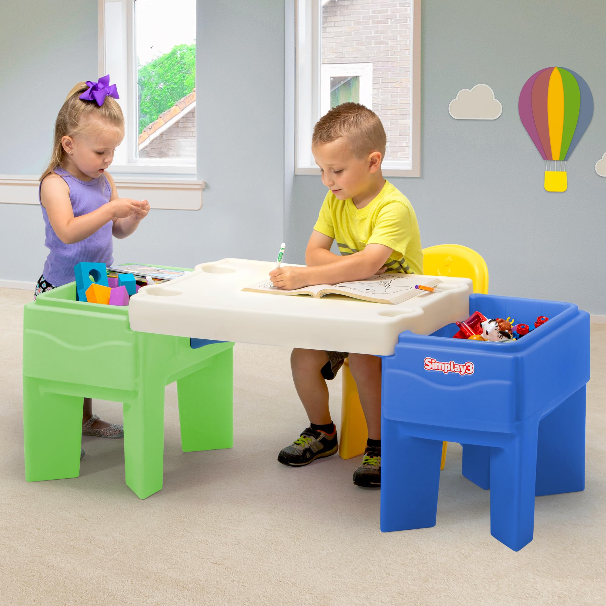 Simplay3 Sand and Water In-and-Out Sensory Activity Table for Toddlers, Kids All-Purpose Table with Lid and Built-In Storage, Blue and Green.