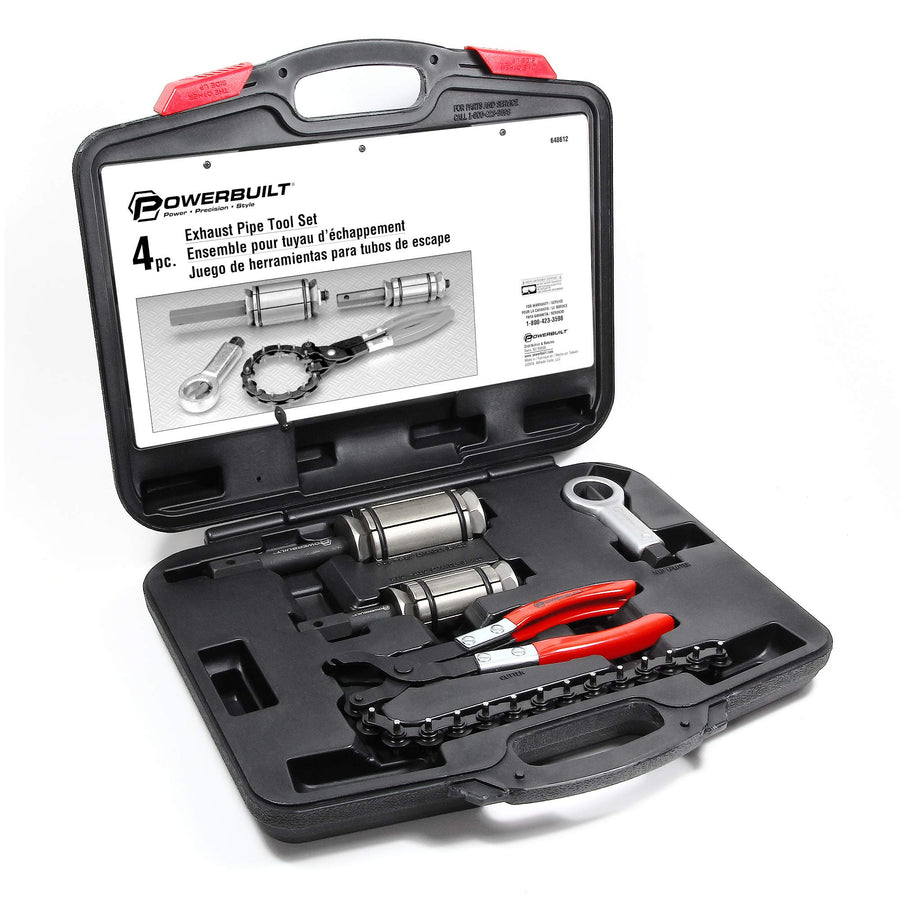 Powerbuilt 4 Piece Tool Set Exhaust Pipe, Repair Tailpipes, Expanders, Removing Dents, Chain Cutter, Nut Splitter, Import and Domestic Vehicles 648612