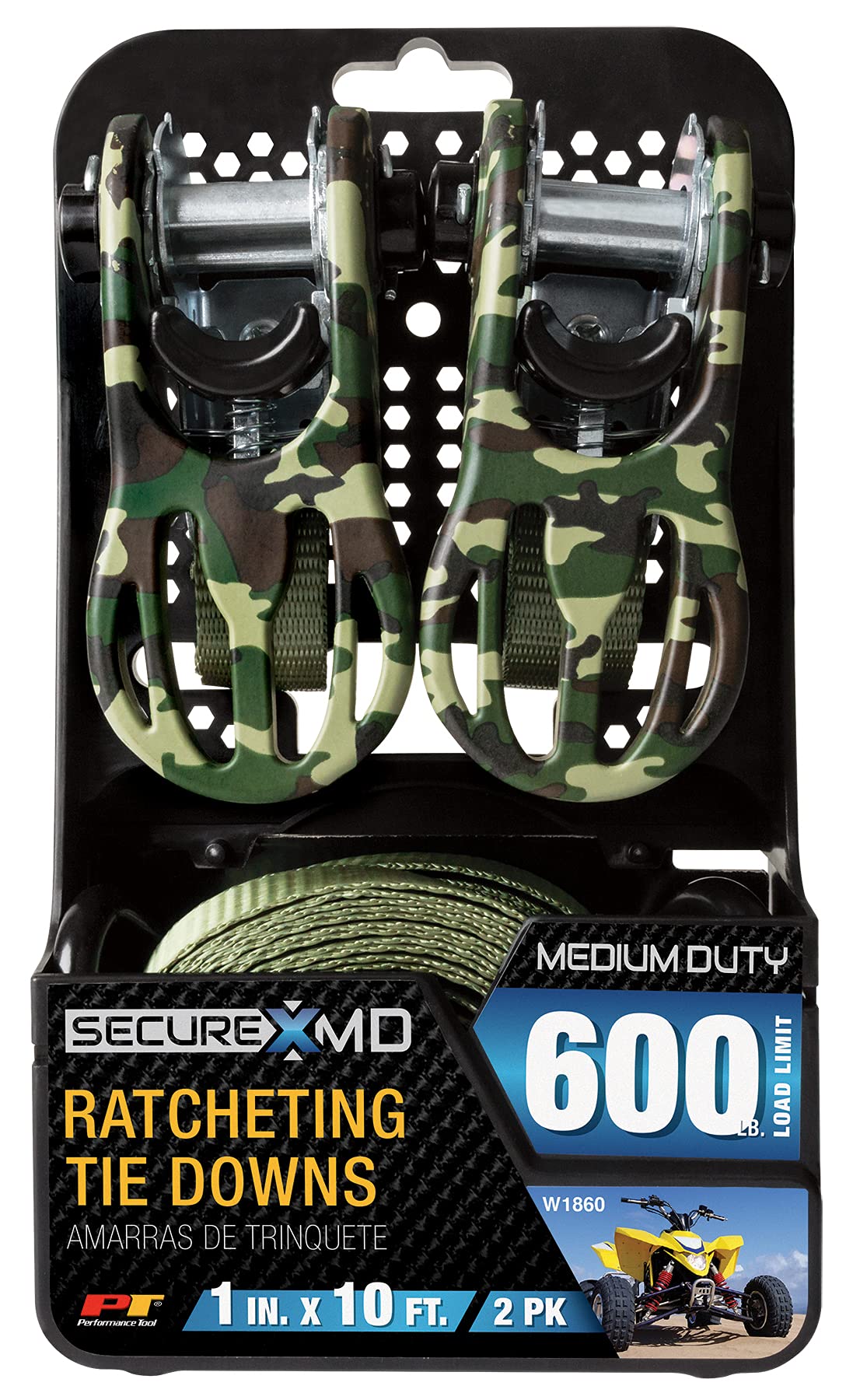 W1860 Performance Tool 2Pk 1-Inch X 10' Camo Tie Downs - Heavy Duty Camouflage Ratchet Straps for Secure Cargo Transport and Outdoor Adventures