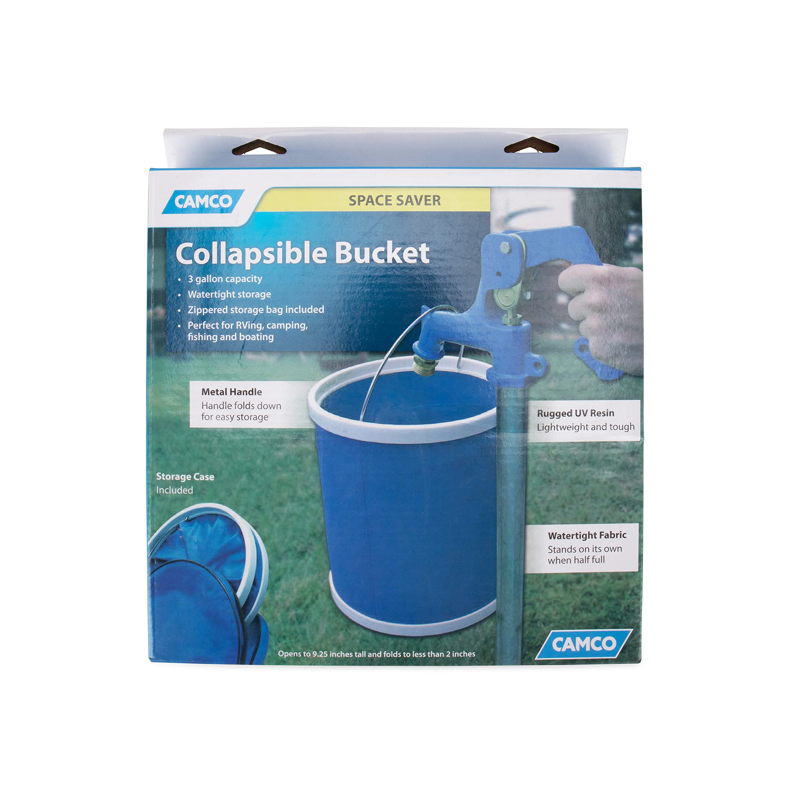 Camco Collapsible Bucket with Storage Case- Durable Bucket Pop Up with Watertight Fabric, Holds 3 Gallons of Water - Great for RVs, Camping, Fishing, Boating, Hiking and More - Blue (42993), Blank Ski