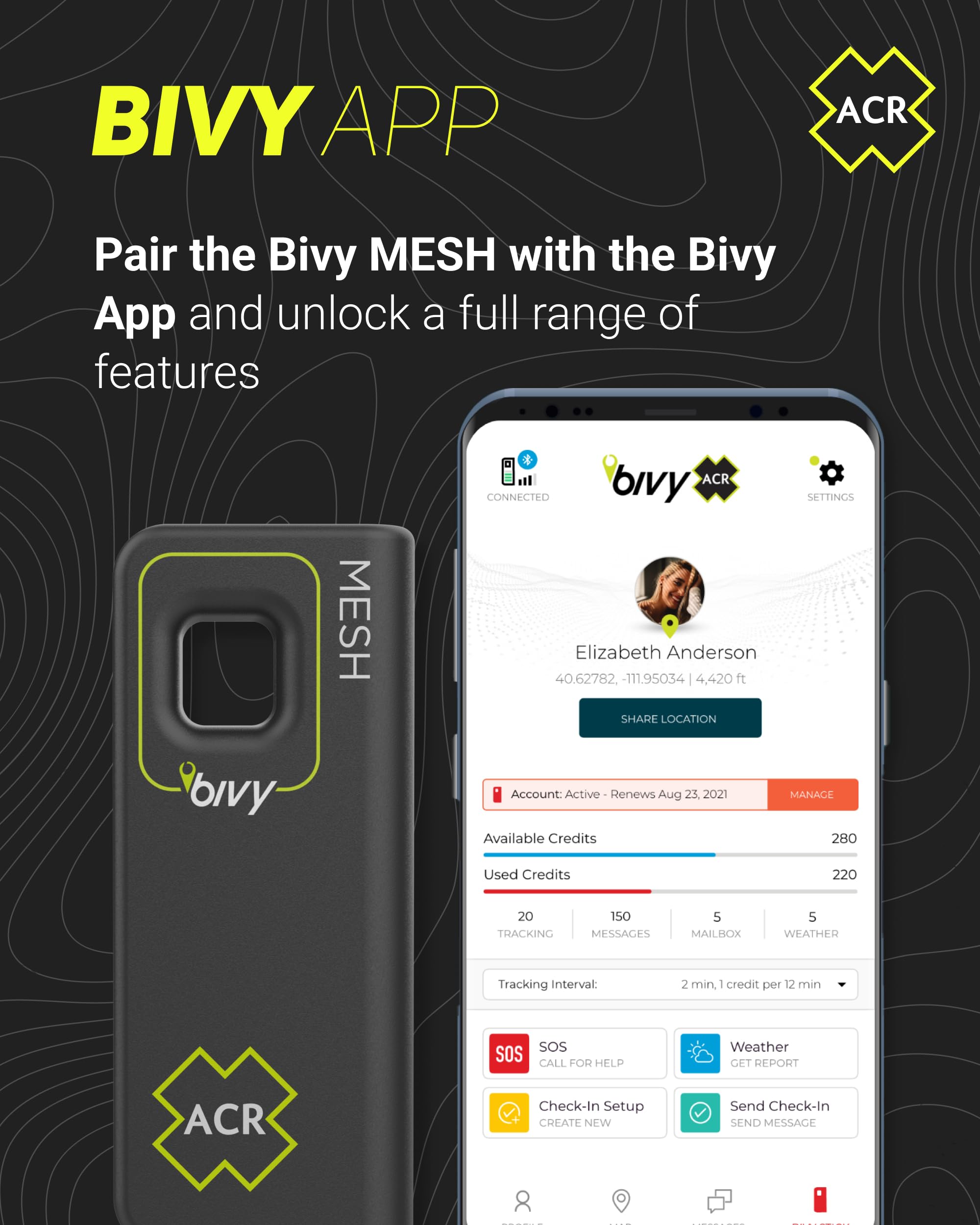 Bivy Stick MESH ACR Satellite Communicator - Dual-Mode LoRa®-Enabled Mesh & Global Iridium Coverage, Two-Way SMS, GPS Tracker, Group Messaging, SOS Emergency with 24hr Reserve Battery - iOS/Android
