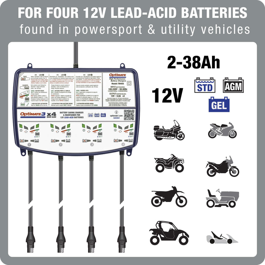 Smart Quad-Bank Battery Saving Charger OptiMate3 0.8A x4 Bank for 12V Lead-acid Motorcycle and Powersport Batteries
