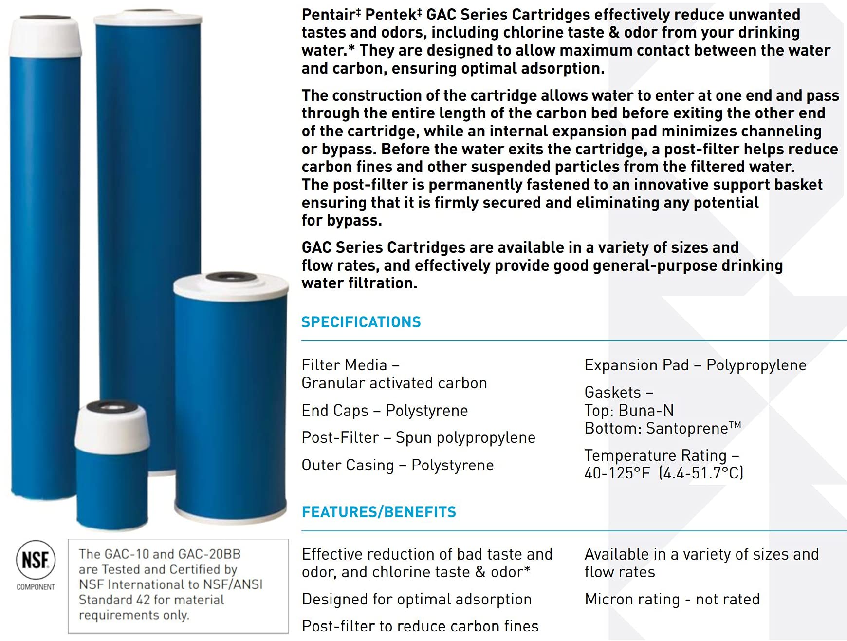 Pentek Pentair GAC-5 Carbon Water Filter, 5-Inch, Granular Activated Carbon (GAC) Under Sink Replacement Cartridge, 5" x 2.5"