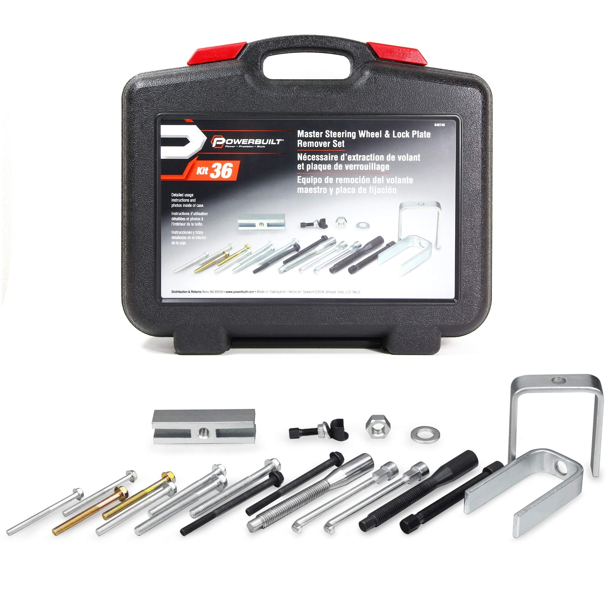 Powerbuilt Steering Wheel and Lock Plate Puller Kit Master, Foreign and Domestic Vehicles, 16 Piece Car Repair Tool Set - 648748
