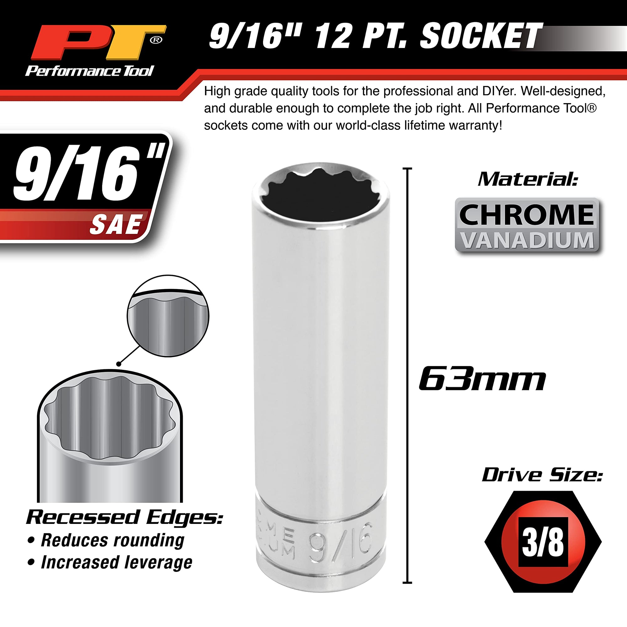 W38618 Performance Tool 3/8-Inch 12-Point Socket, 9/16