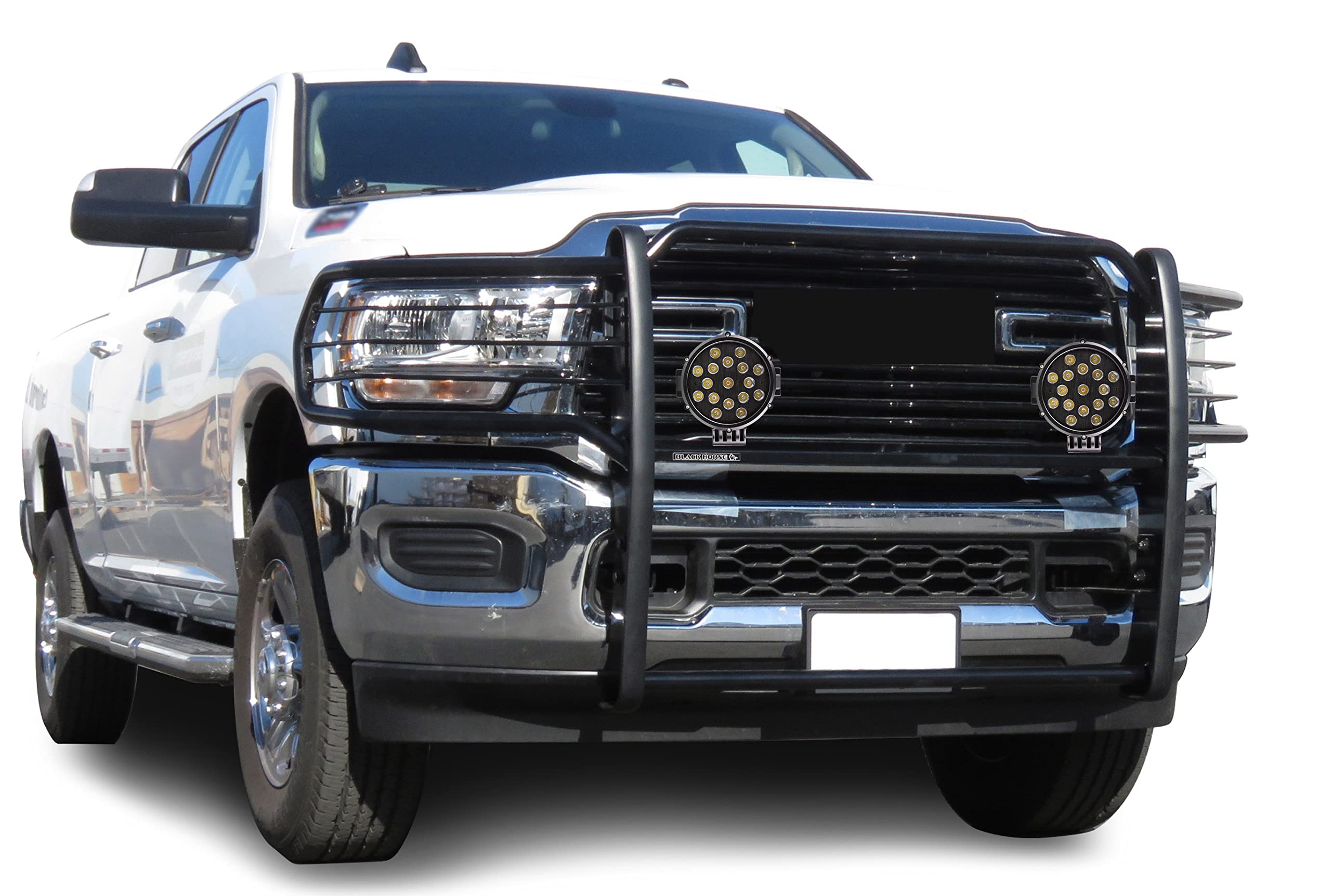 Bumper Guard Modular Black Black Horse Grille Brush Come with Pair of 7.0" Dia.LED Lights with Black Trim Rings Compatible with 2019-2024 Ram 2500|2019-2024 Ram 3500-17DG113MA-PLB