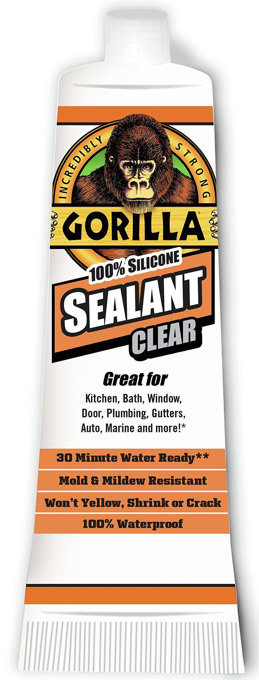 100 Percent Gorilla Silicone Sealant Caulk, 2.8 ounce Squeeze Tube, Clear, (Pack of 6)