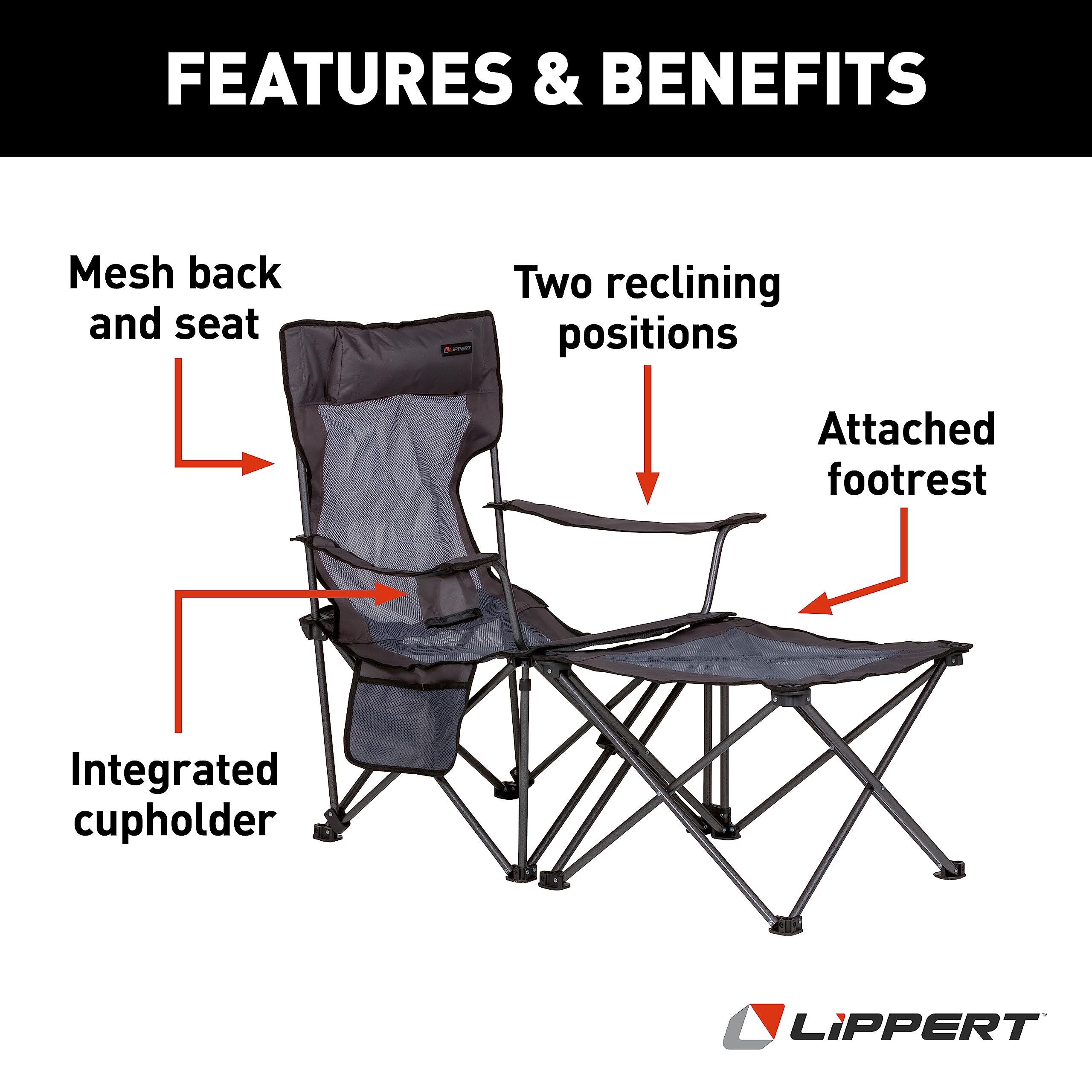 Sun Soaker Lippert Two-Position Vented Reclining Camping Chair with Footrest, 600D Polyester Fabric, Mesh Back/Seat, Padded Headrest, Cupholder, 250-lb. Weight Capacity, Dark Grey Color - 2022114830