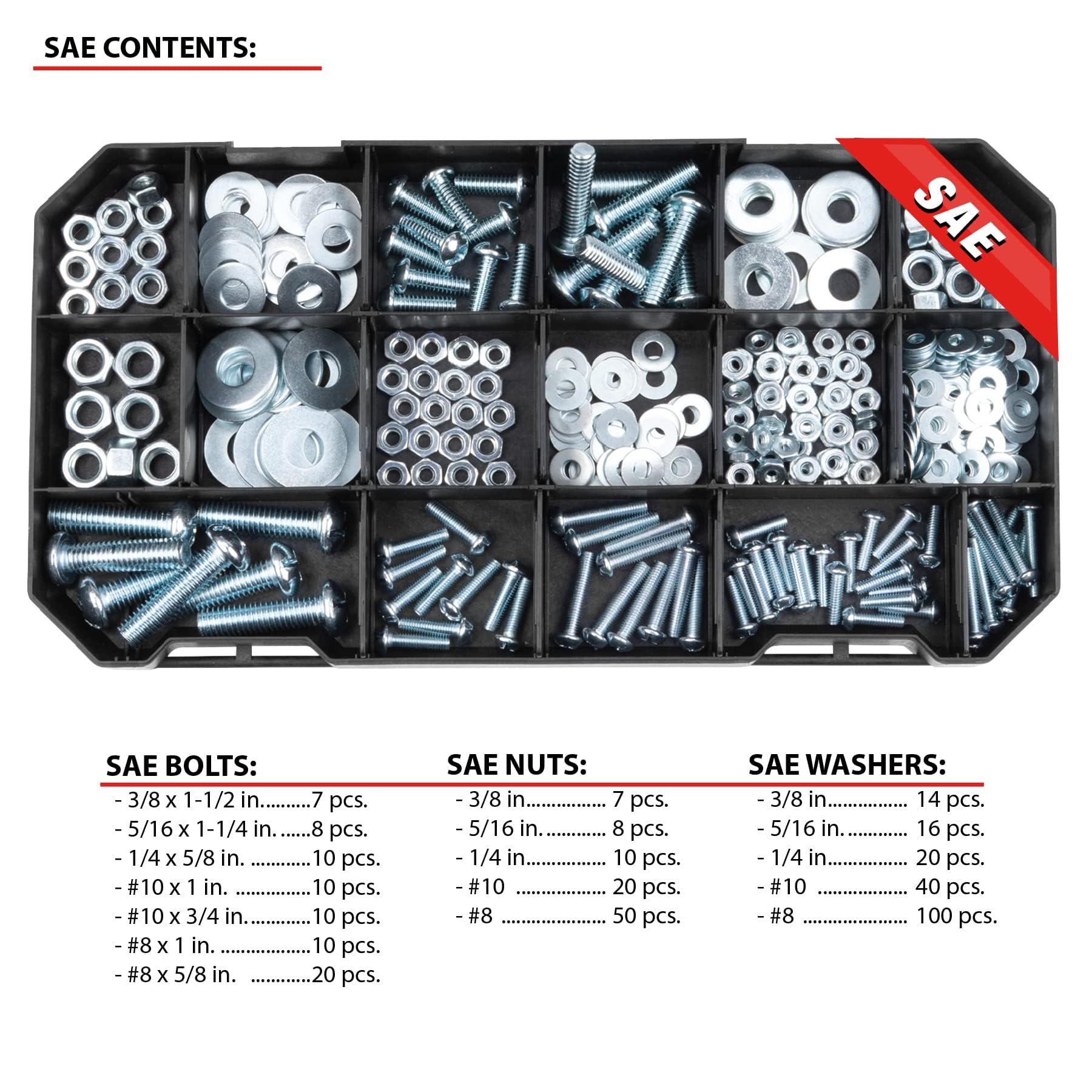 W5264 Performance Tool 740pc Hardware Assortment Kit with SEA & Metric Nuts, Bolts & Washers, Stacking Interlocking Clear Lid Bins for Maximum Portability, Black