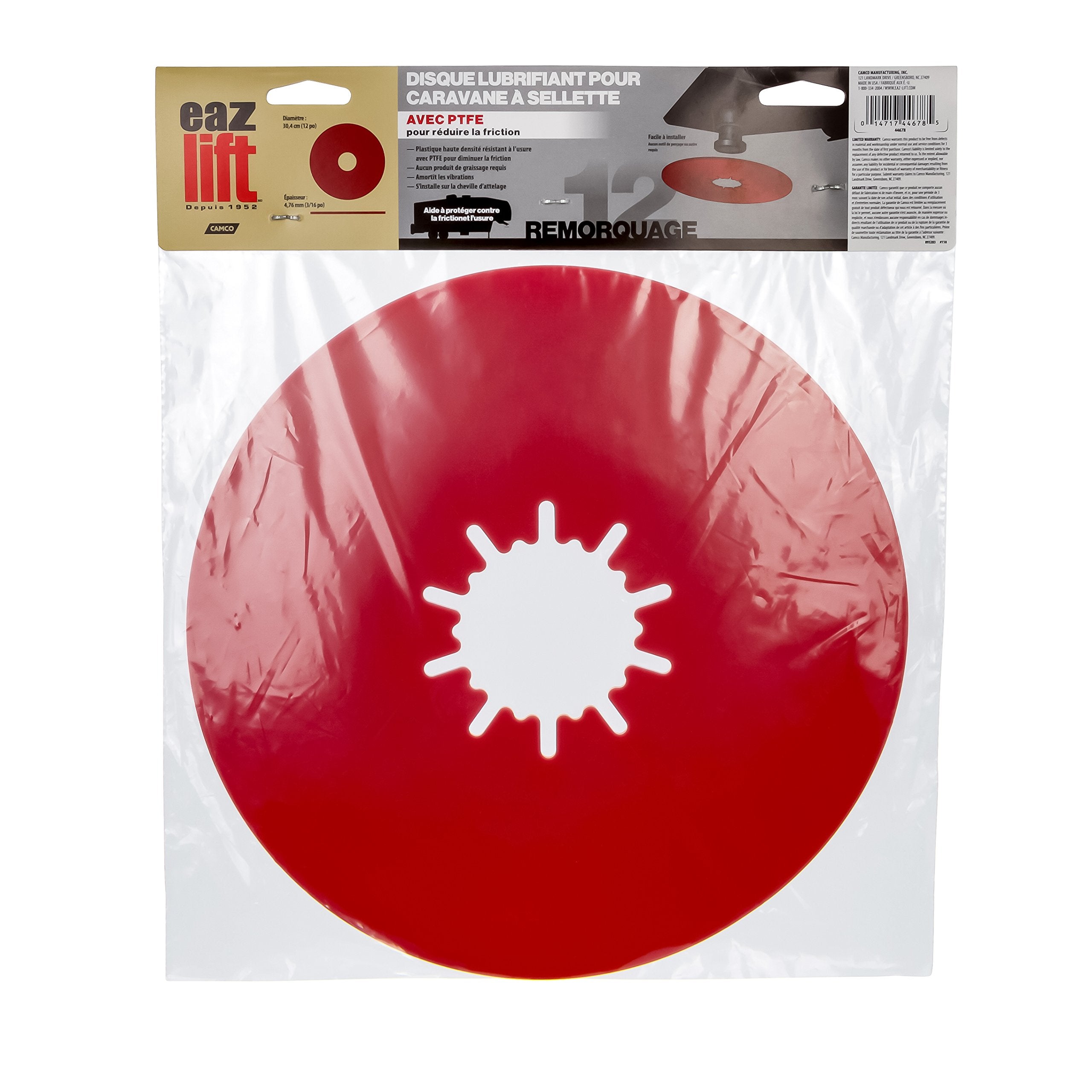 EAZ-Lift Camco 12” Premium Fifth Wheel Lube Plate - Crafted of High-Density PTFE Plastic to Protect Against Wear and Tear - Cushions Vibrations - No Drilling or Tools Required (44678)