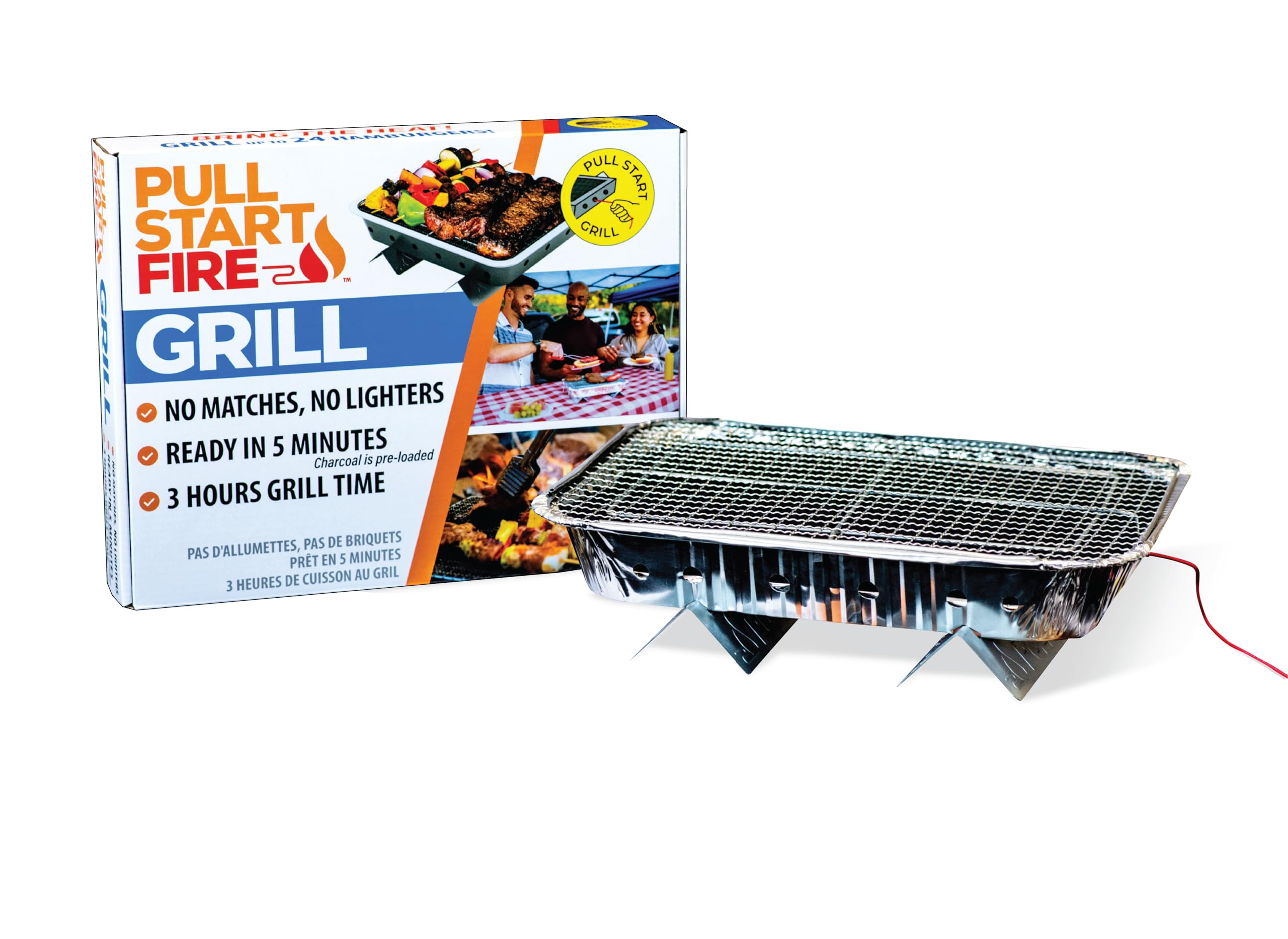 Fire Grill Pull Start | Portable Disposable Charcoal BBQ with Pull Start Matchless Ignition | Ready in 5 Min, 3 Hour Burn | Camping, Tailgating, Outdoor Cooking, No Cleanup Needed