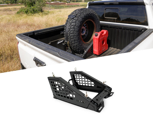 Offroad DV8 Truck Bed Universal Tire Carrier & Accessory Mount | Featured Side Molle Panels for Mounting Gear & Supplies | Adjustable for Carrying Various Sized Tires and Bikes | Powder Coated Finish