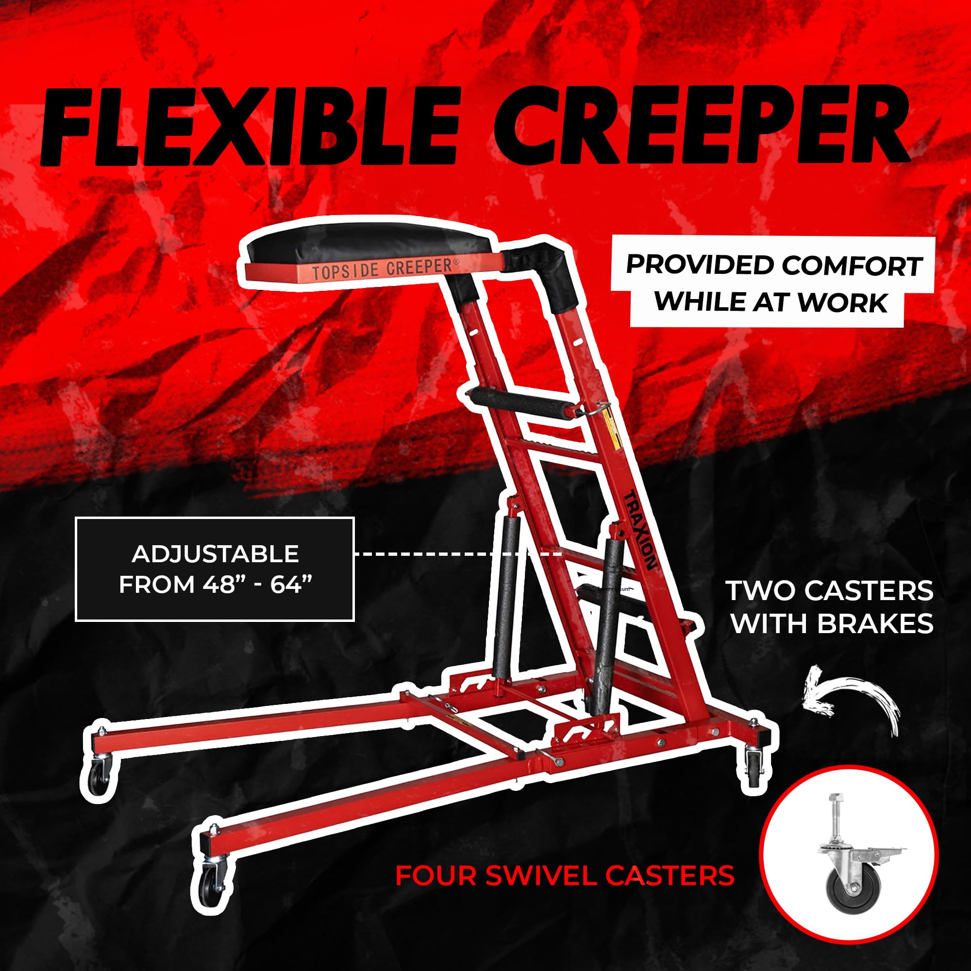 Traxion Quality Economy New Topside Creeper 3-106 with expanded Metal Steps and Velcro Stomach Pads with Tool Loops