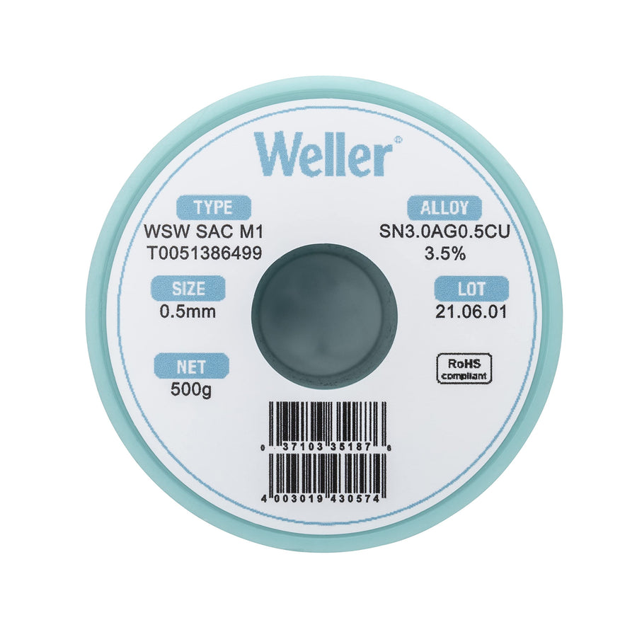 Weller WSW M1 SAC (T0051388299) Solder Wire, Dia: 0.5 mm / 0.020 in, Wt: 100 g / 3.527 oz, Alloy Sn96.5Ag3.0Cu0.5, Flux content 3.5%