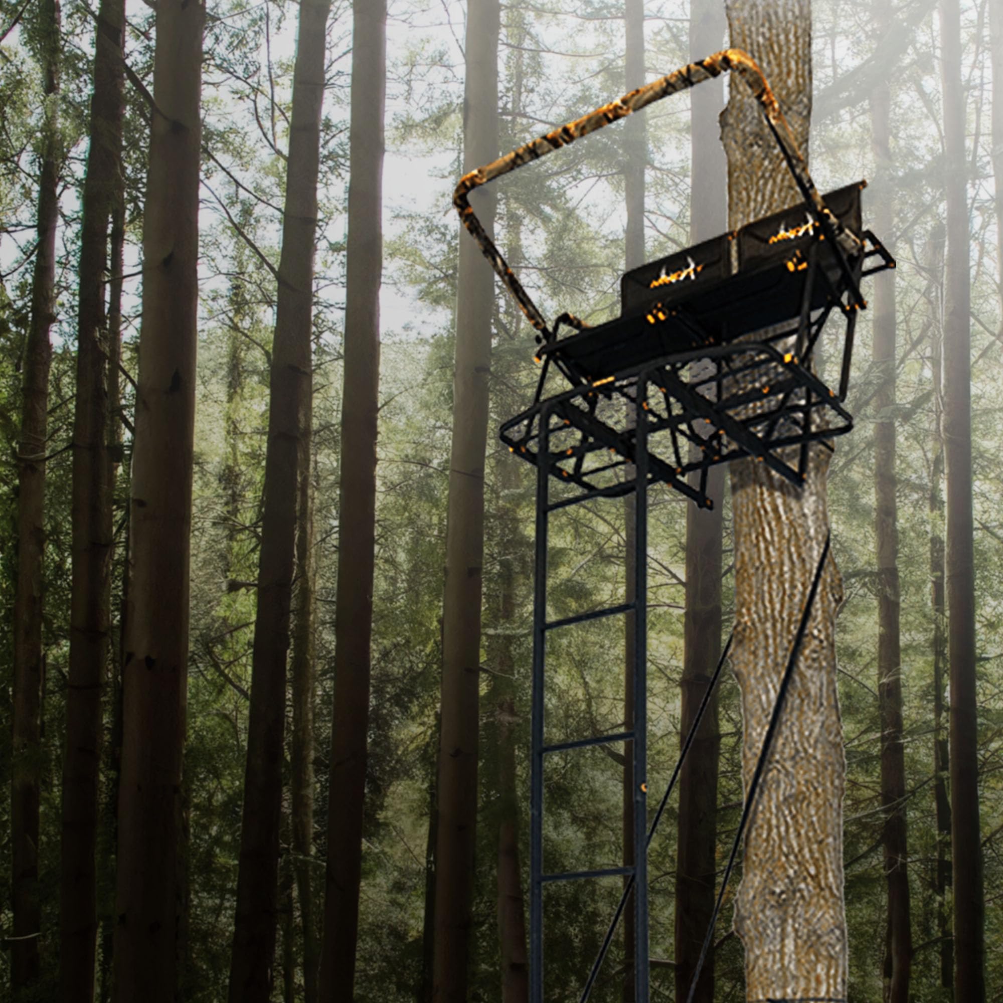 The Rebel MUDDY 2.5 Deer Hunting Ladderstand, 17 Foot 2 Person Climbing Tree Stand with Flex-Tek Seat, Armrests, Shooting Rail, & 45”W X 30”D Platform