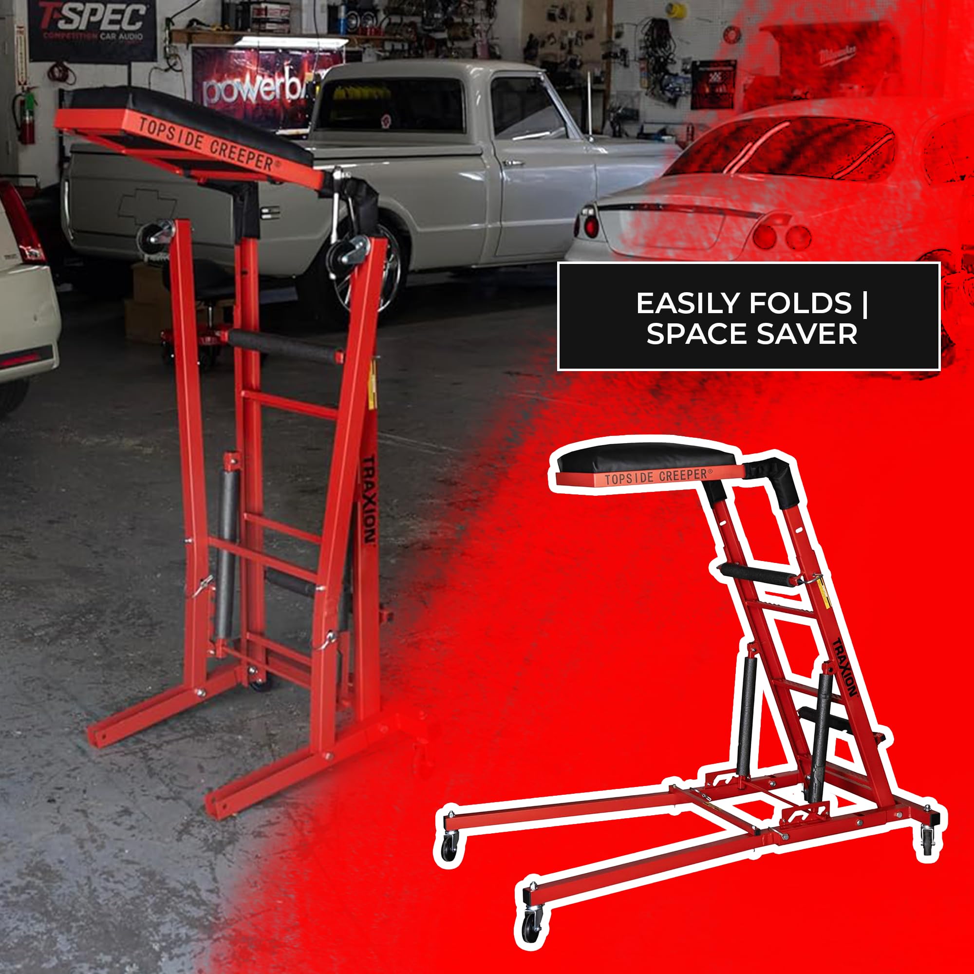Traxion Quality Economy New Topside Creeper 3-106 with expanded Metal Steps and Velcro Stomach Pads with Tool Loops
