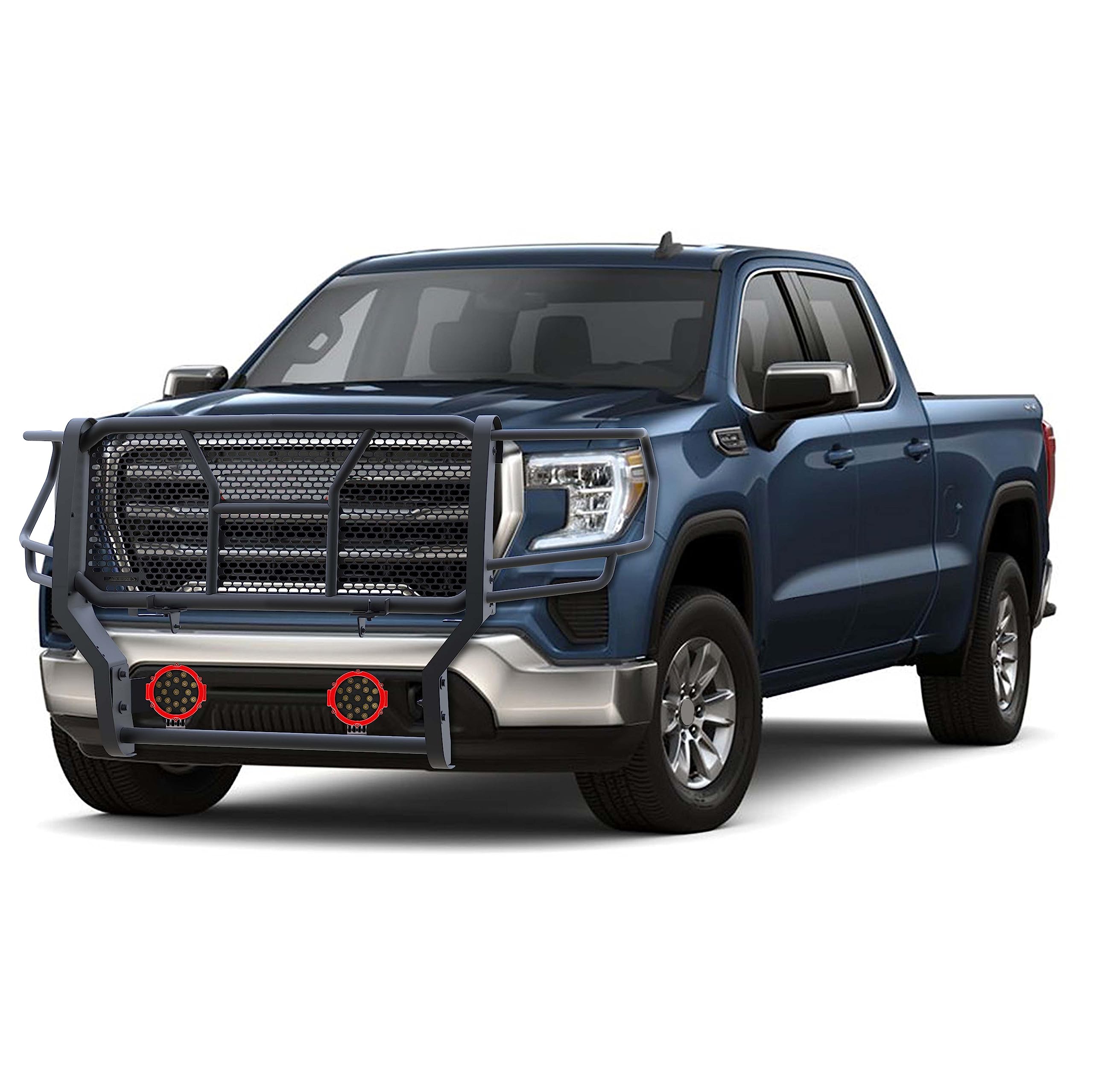 Heavy Duty Black Horse Rugged Grille Brush Bumper Guard Modular Black Come with Pair of 7.0" Dia.LED Lights with Red Trim Rings Compatible with 2020-2023 GMC Sierra 2500 HD/3500 HD-RU-GMSI20-B-PLR