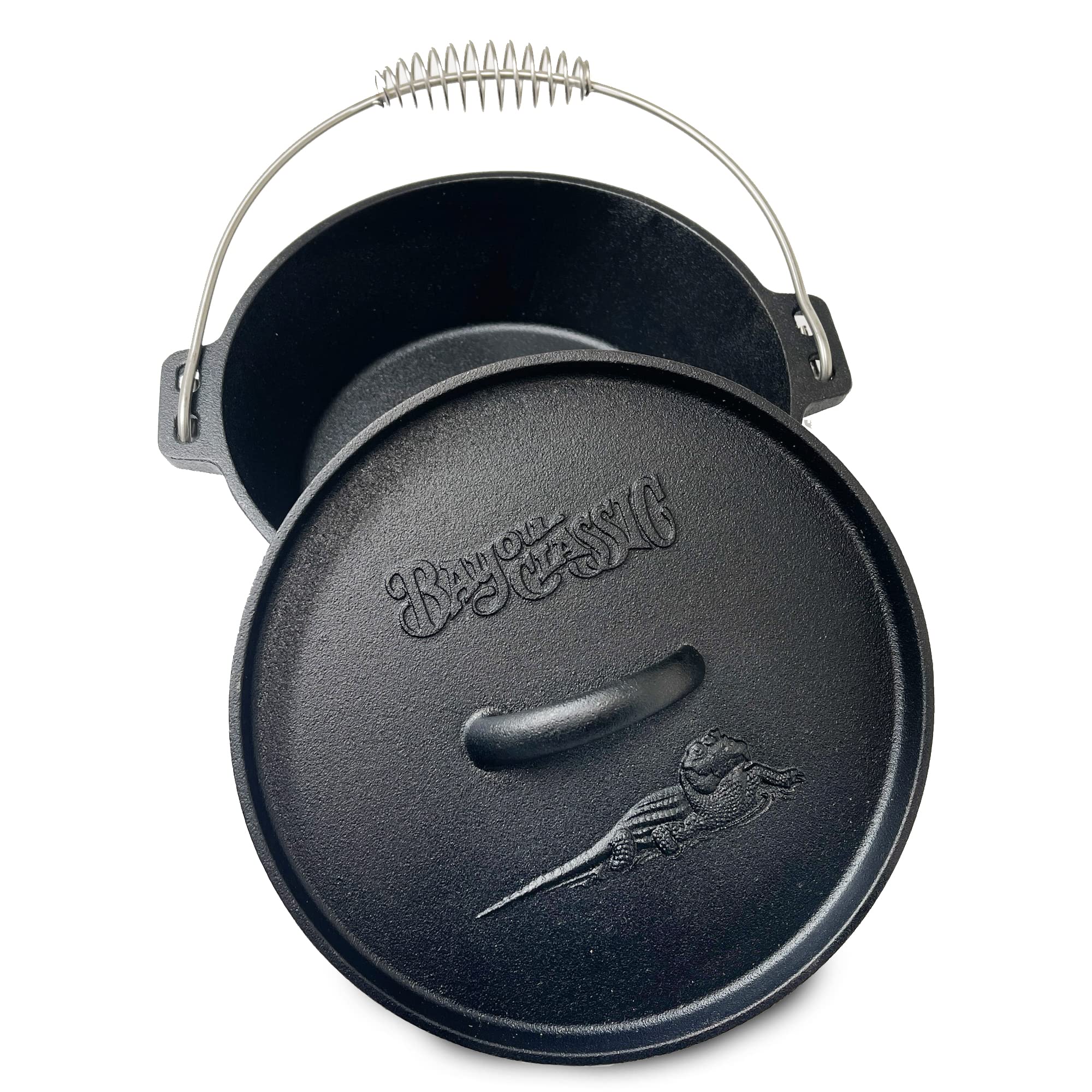 Bayou Classic 2-qt Cast Iron Dutch Oven Features Flanged Camp Lid Stainless Coil Wire Handle Grip Perfect To Use Over A Campfire To Prepare One-Pot Meals Bake Cornbread Biscuits or Cobbler