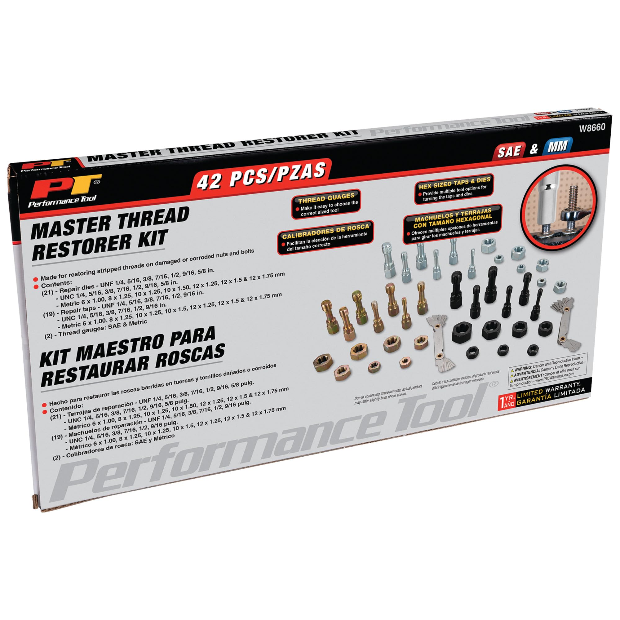 42 pc. Master Thread Restorer Kit Performance Tool W8660: Includes Metric/SAE UNC/UNF Discs, Tap Dies, and Thread Gauges to Restore Stripped or Damaged Nuts and Bolts