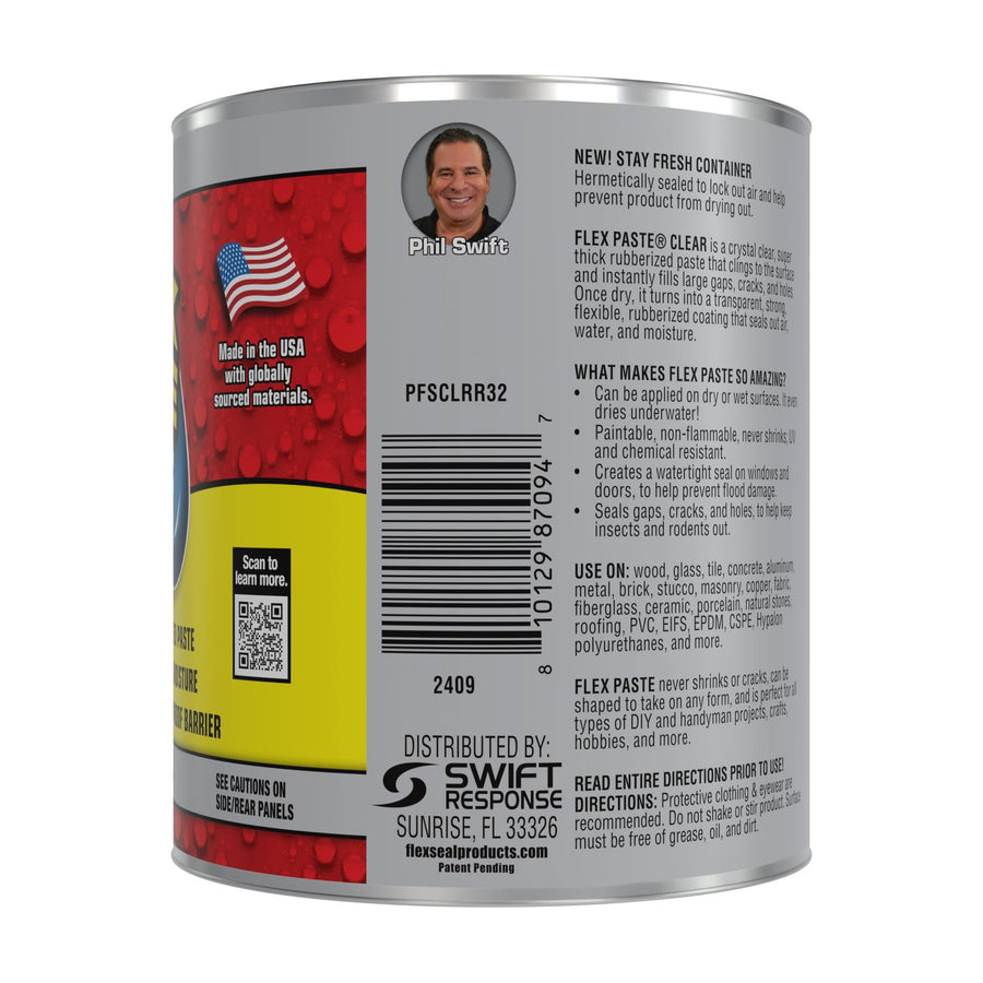 Flex Paste, Paintable Waterproof Putty, Spackle Sealant, Fill Gaps Cracks Holes - Block Out Water and Air - UV Resistant - Walls, Drywall, EPDM, Concrete, Roof, RV Repairs, Clear, Quart