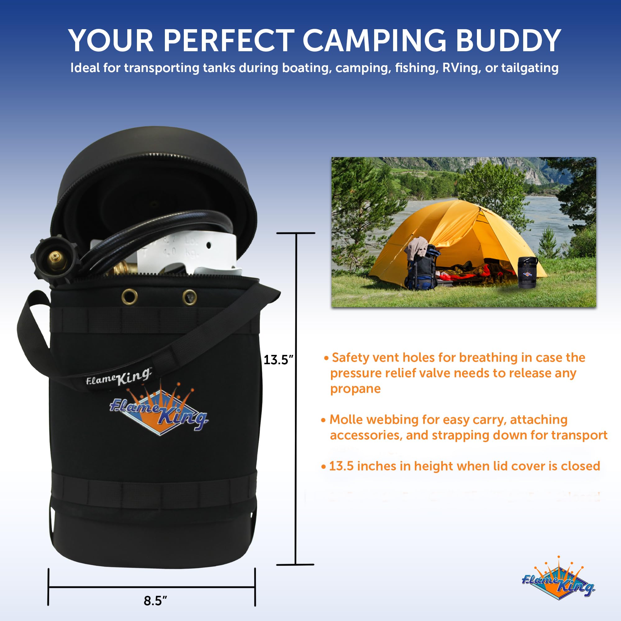 Gas Hauler Kit Flame King - Insulated Protective Carry Case, 5LB Propane Tank and Adapter Hose for Camping and Outdoor Adventures, Black/White