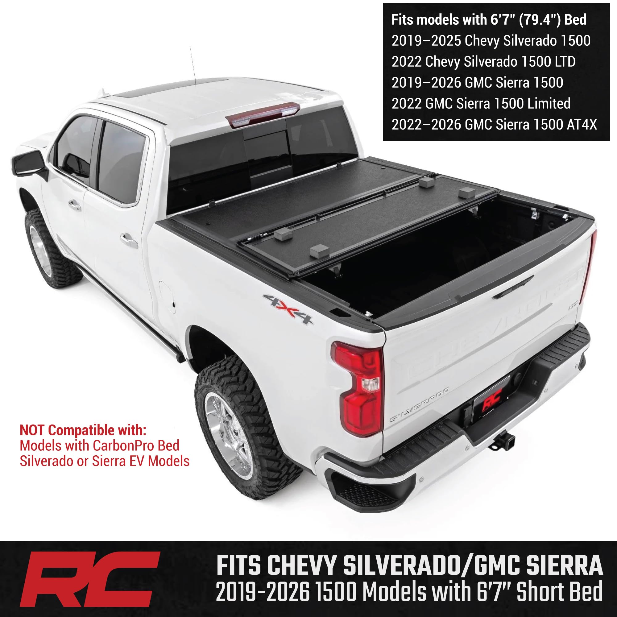 Low-Profile Rough Country Hard Tri-Fold Tonneau Cover for Chevy Silverado & GMC Sierra 1500 (2019-2026) - Aluminum Truck Bed Cover, Fits 6'7 Bed