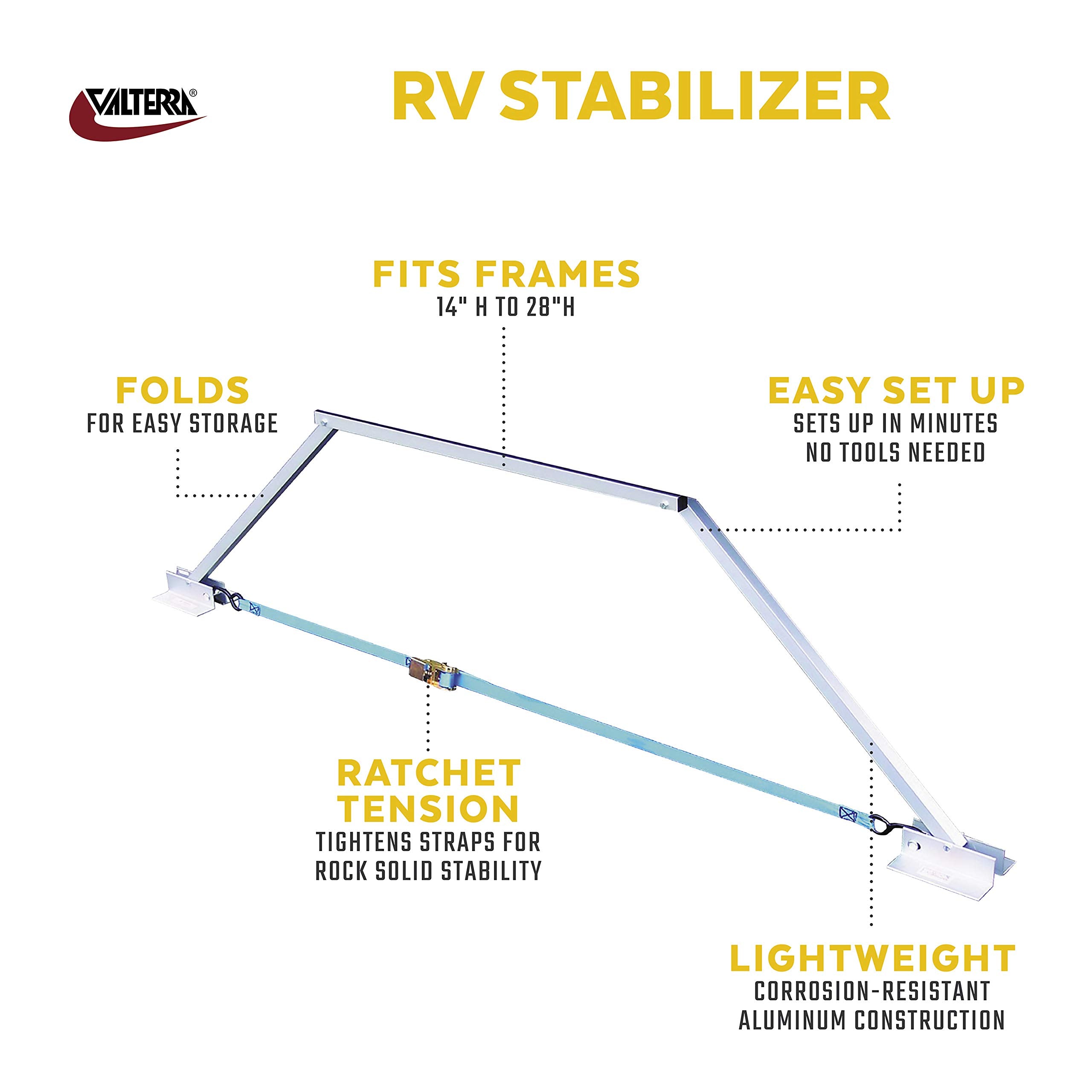 Valterra RV Universal Stabilizer Stop the Sway and Wobble, Adjustable to Fit 14-Inch to 28-Inch Frame to Ground, Compact Design with Storage Bag