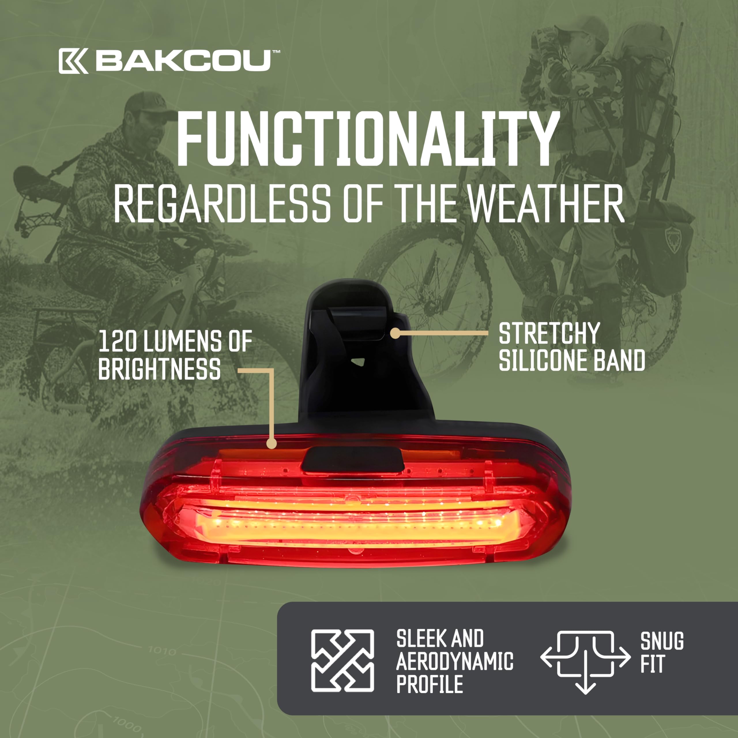 Rechargeable Bakcou Tail Light - 120 Lumens, 15-Hour Battery, Weatherproof, Stretchy Silicone Band, 4 Light Modes, Ultra-Bright LEDs