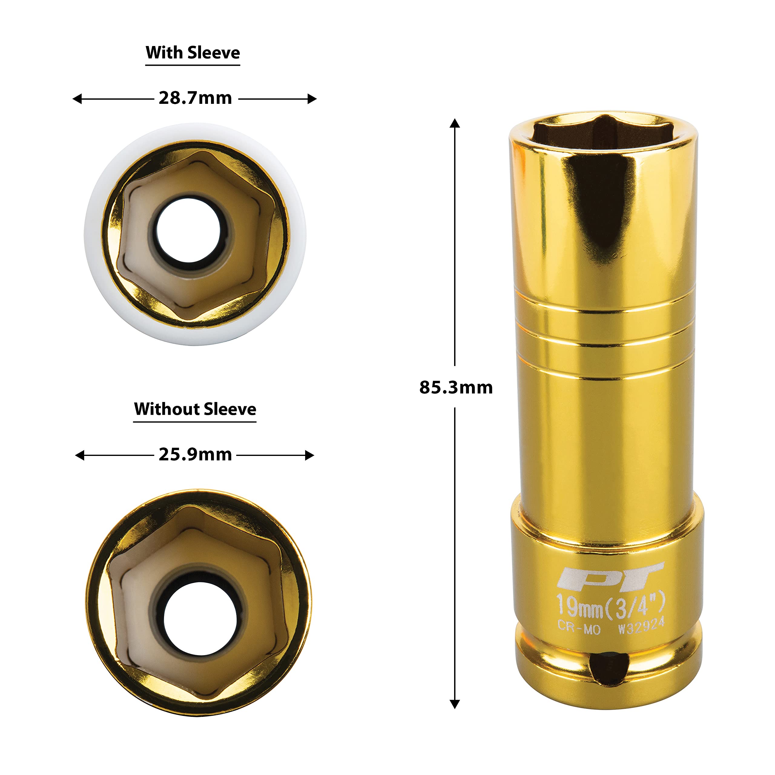 W32924 Performance Tool 1/2-Inch Impact Drive 19mm/3/4 Thin Wall Socket , Gold