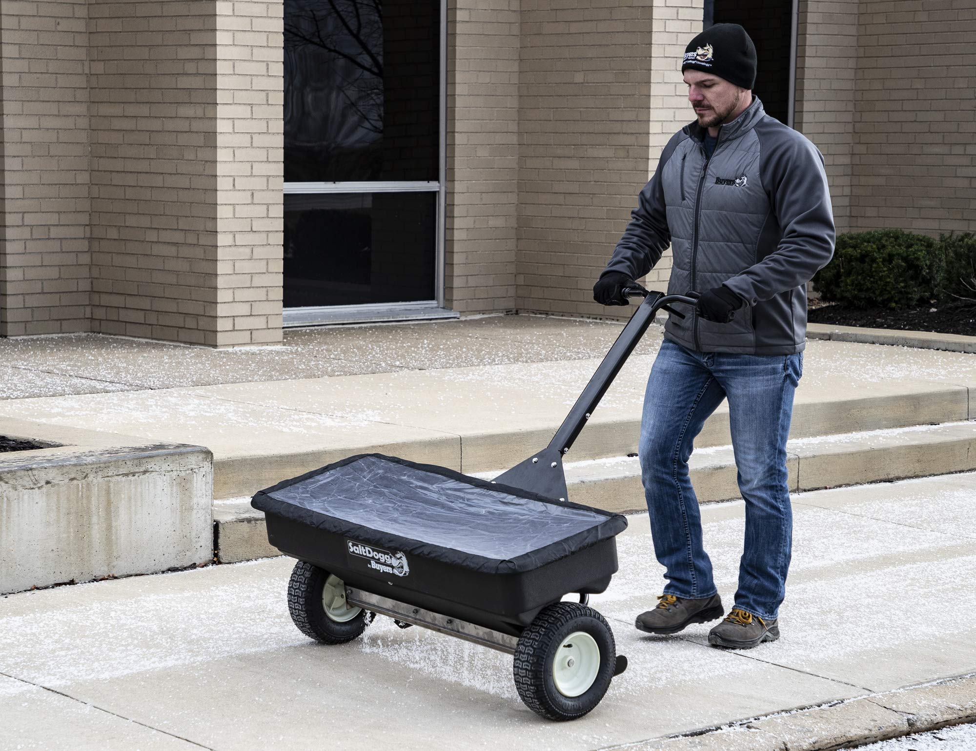 SaltDogg Buyers Products WB400 Walk-Behind Drop Spreader, 2.5 cu ft Poly Hopper (200 lb), Stainless Frame/Agitator, 44 in Path, 13 in Pneumatic Tires, Rain Cover & Screen, Made in USA