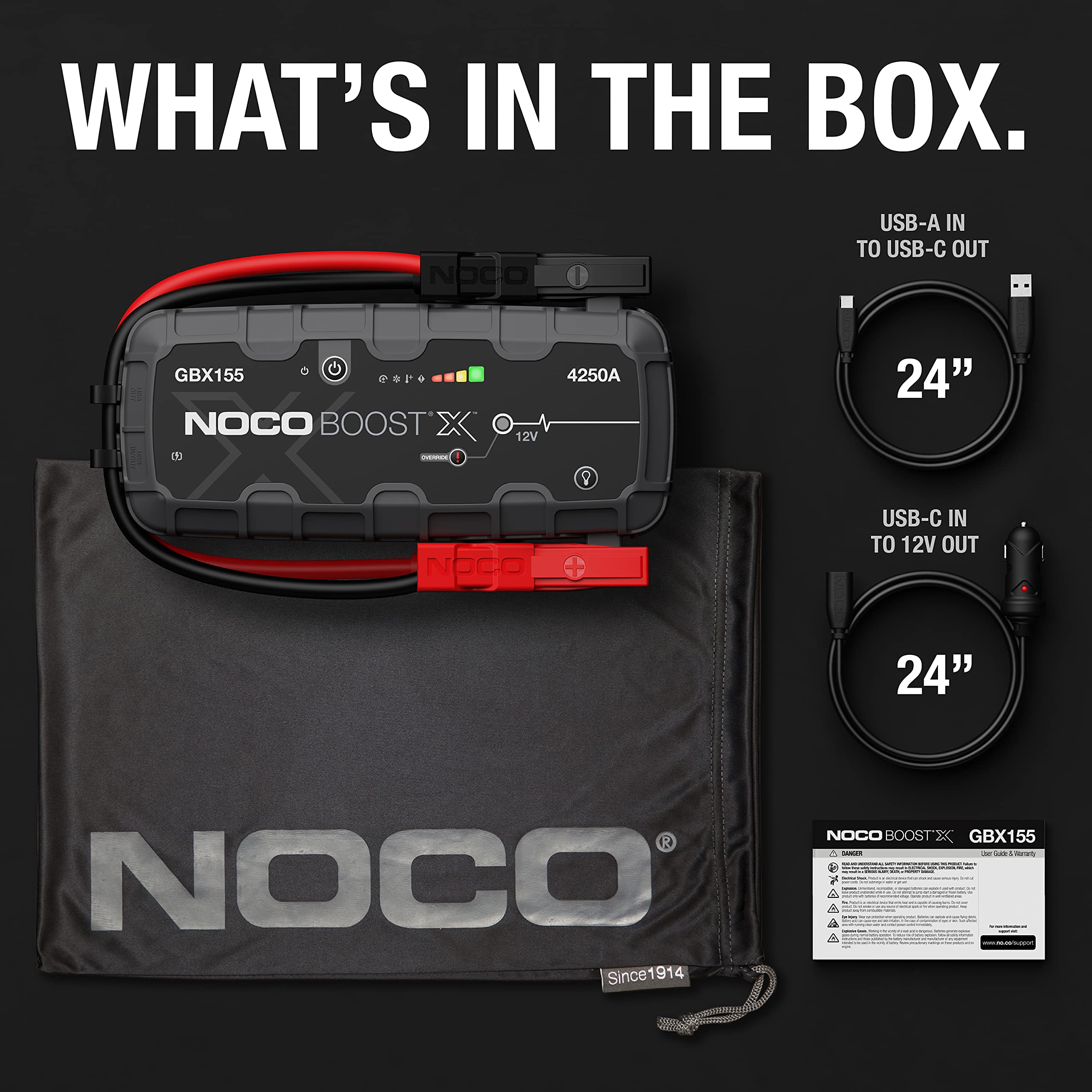NOCO GBX155 Boost X: 4250A UltraSafe Jump Starter – 12V Lithium Battery Booster Pack, Portable Jump Box, Power Bank & Jumper Cables - for 10.0L Gas and 8.0L Diesel Engines
