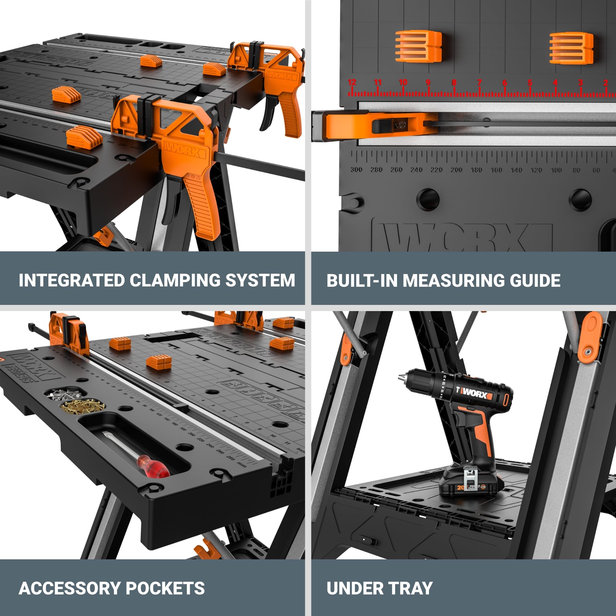 Worx 2-in-1 Pegasus Folding Work Table & Sawhorse, Easy Setup Portable Workbench, 31" W x 25" D x 32" H Lightweight Worktable with Heavy-Duty Load Capacity, WX051 - Includes 2 Clamps & 4 Clamp Dogs