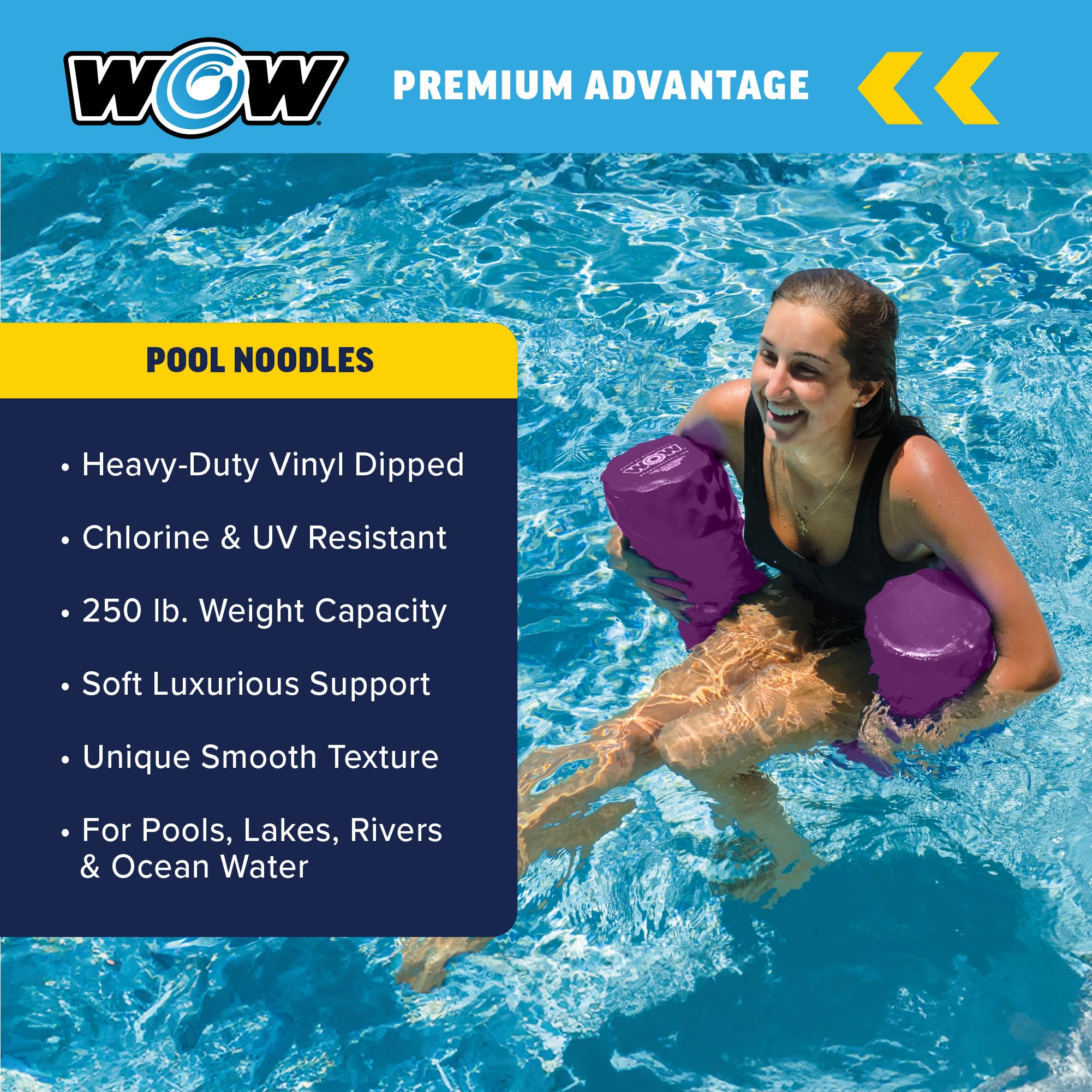 Purple Foam Pool Noodle - Wow Sports - Floatation Device for Adults & Children - Perfect for Pools, Swimming, & Floating - Pool Accessory - 46" Long