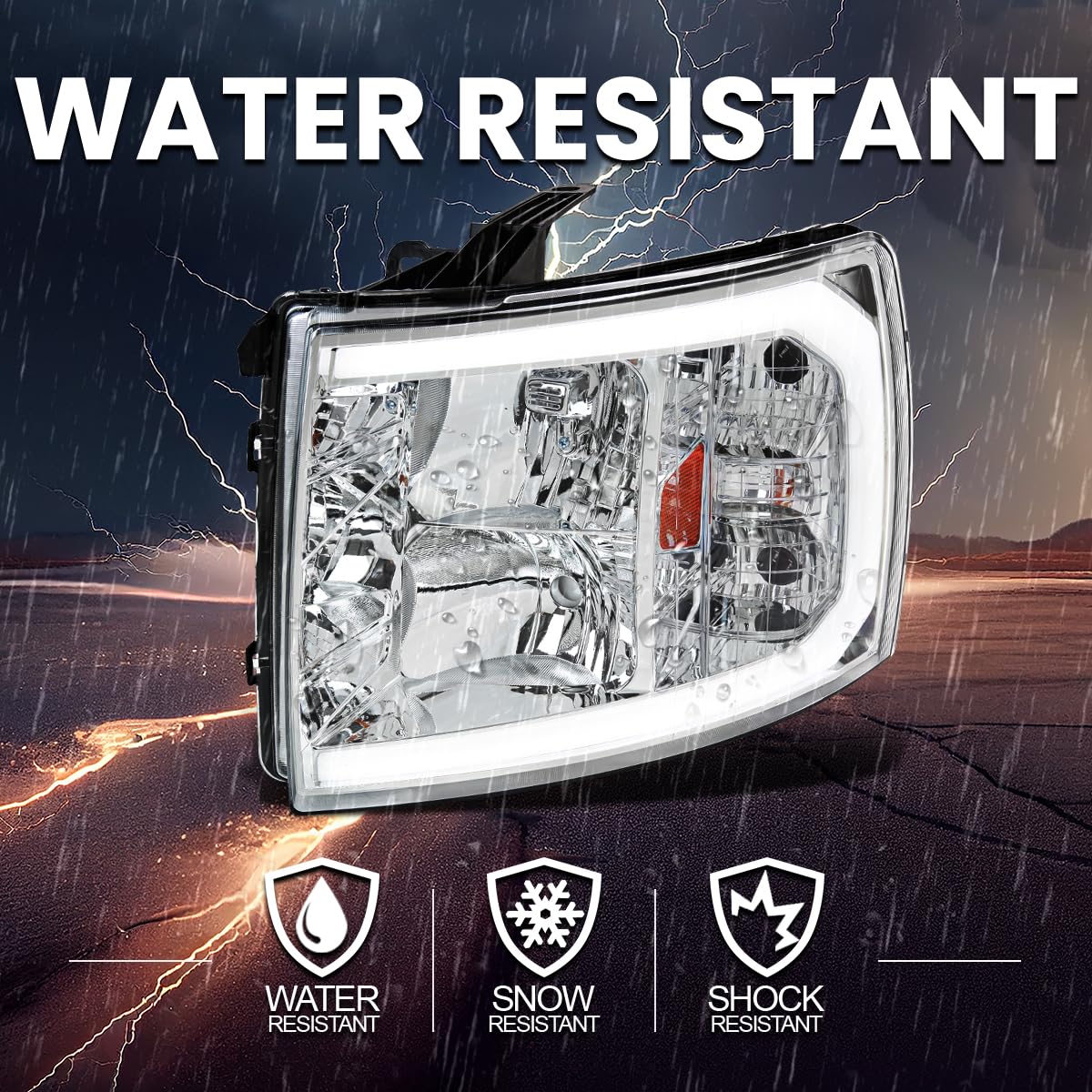 Chrome Headlights SPEC-D TUNING w/LED Strip Compatible with 2007-2013 Chevy Silverado 1500/2500HD/3500HD, Left + Right Pair Headlamp Assembly