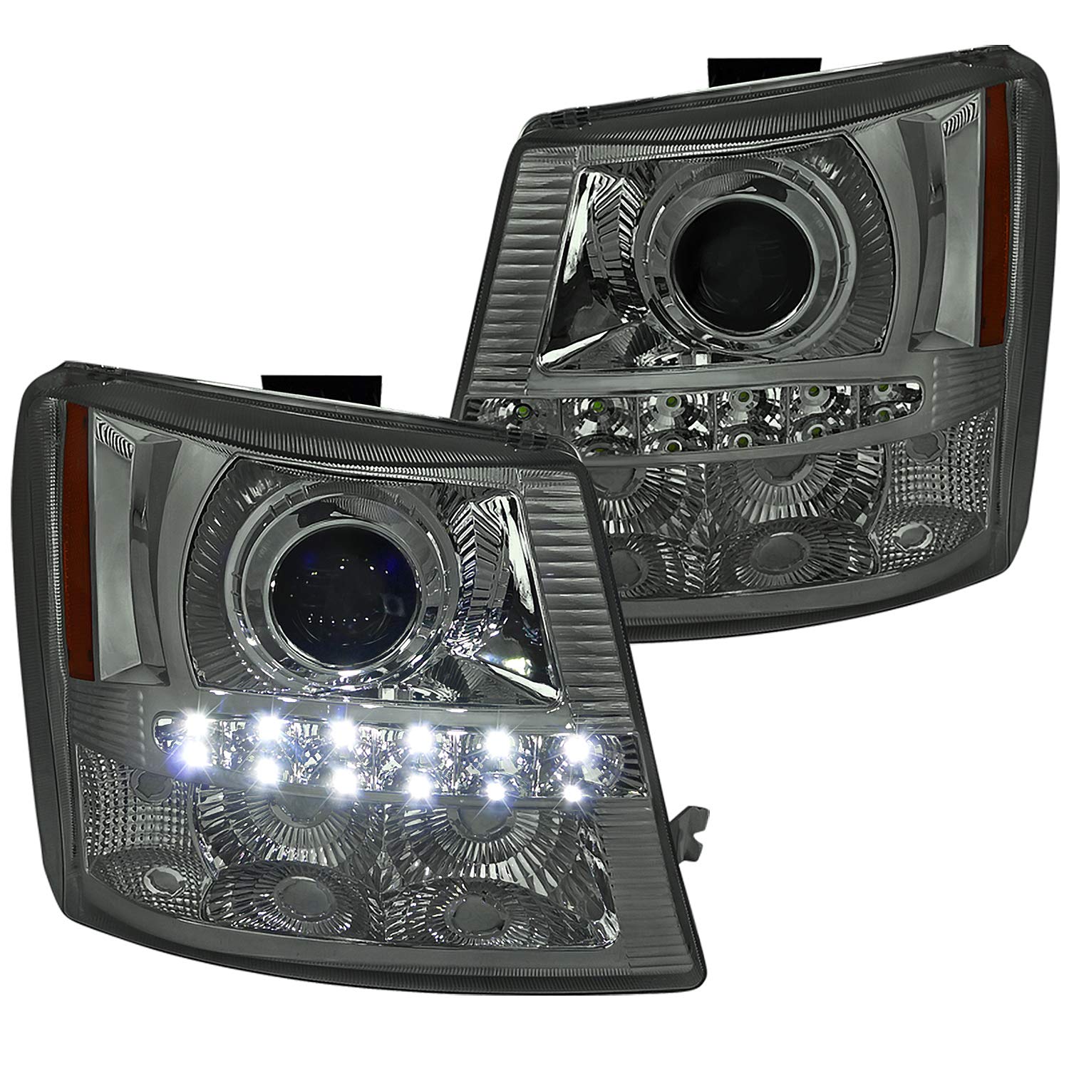 Spec-D Tuning Projector Smoke Headlights w/LED Compatible with 2003-2007 Chevy Silverado, 2002-2006 Chevy Avalanche Without Body Cladding, Left + Right Pair Headlamps Assembly