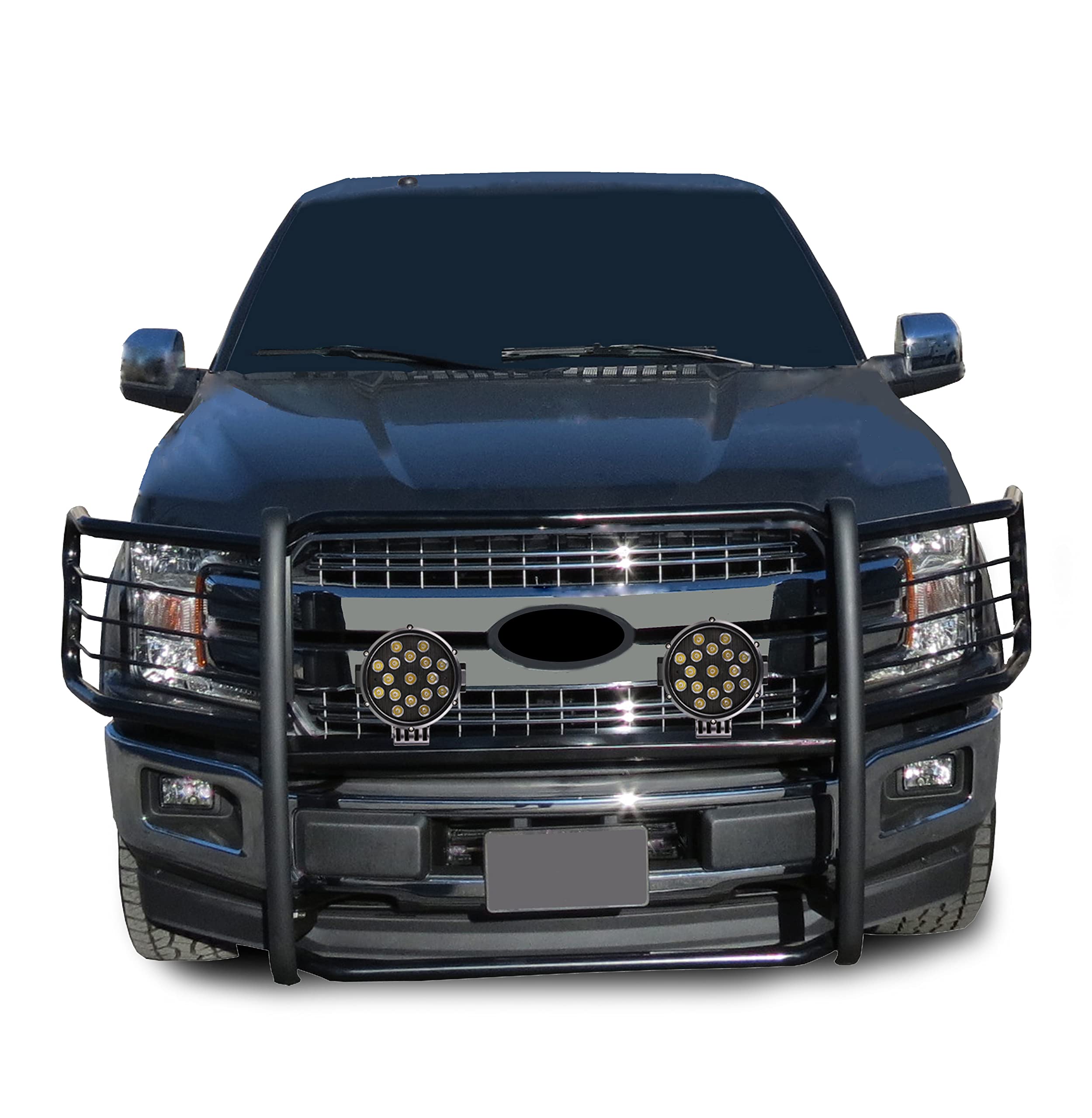 Bumper Guard Modular Black Horse Grille brush Come With pair of 7.0"Dia.LED Lights with Black Trim Rings Compatible with 2015-2024 Ford F-150-17FP32MA-PLB