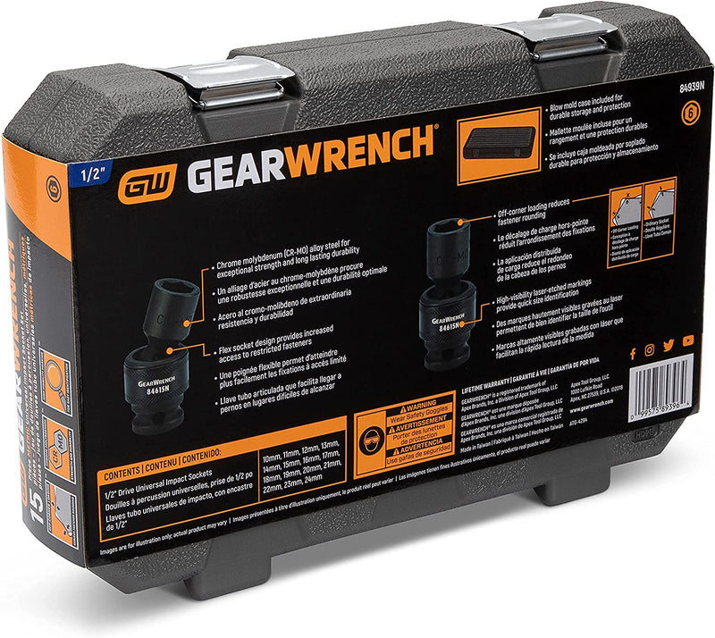 1/2-Inch GEARWRENCH 6 Point Metric Universal Impact Socket Set (15 Piece) - 84939N