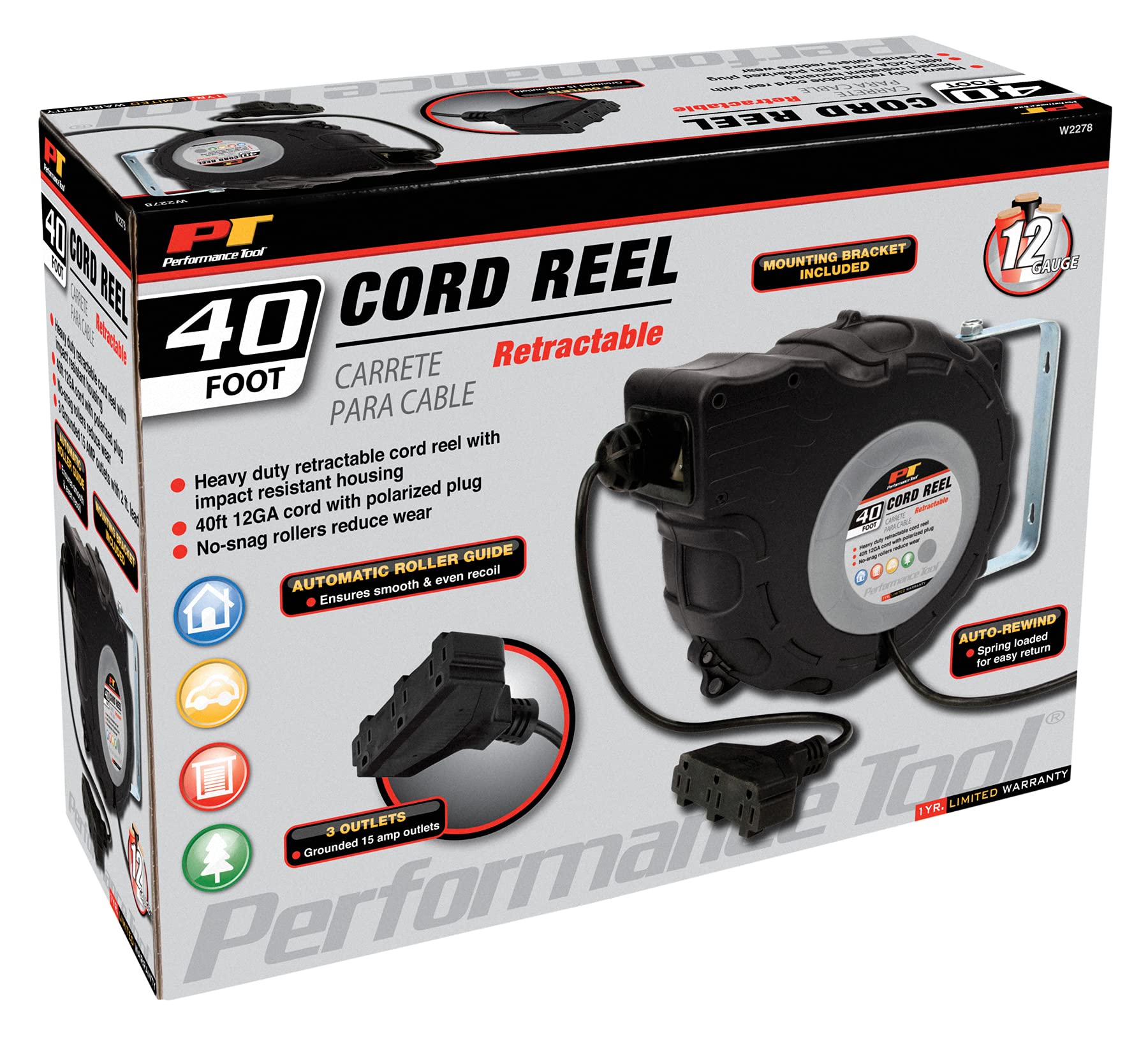 40ft Performance Tool W2278 12-Gauge Retractable Power Cord Reel with Spring Loaded Auto-Rewind